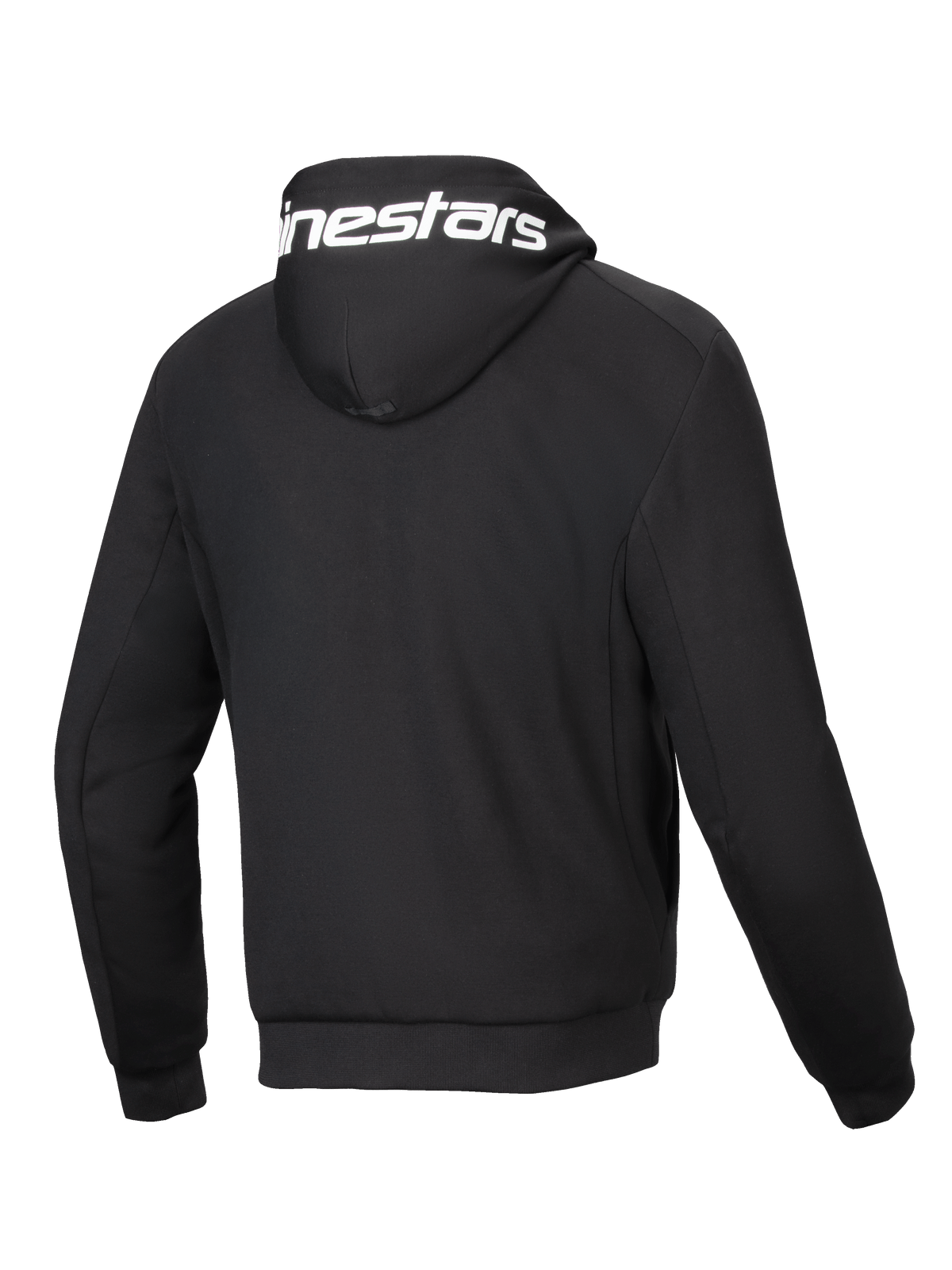 Alpinestars Chrome V2 Sport, chaqueta de moto negra, vista trasera con logo blanco en capucha y forro polar técnico.