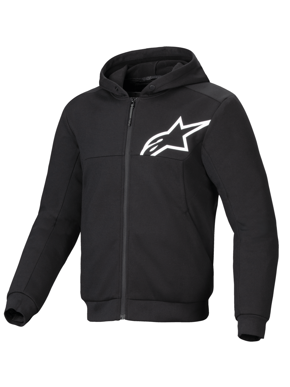 Sudadera Alpinestars Chrome V2 Sport de moto urbana, negra y blanca, con refuerzos aramídicos y certificación CE.