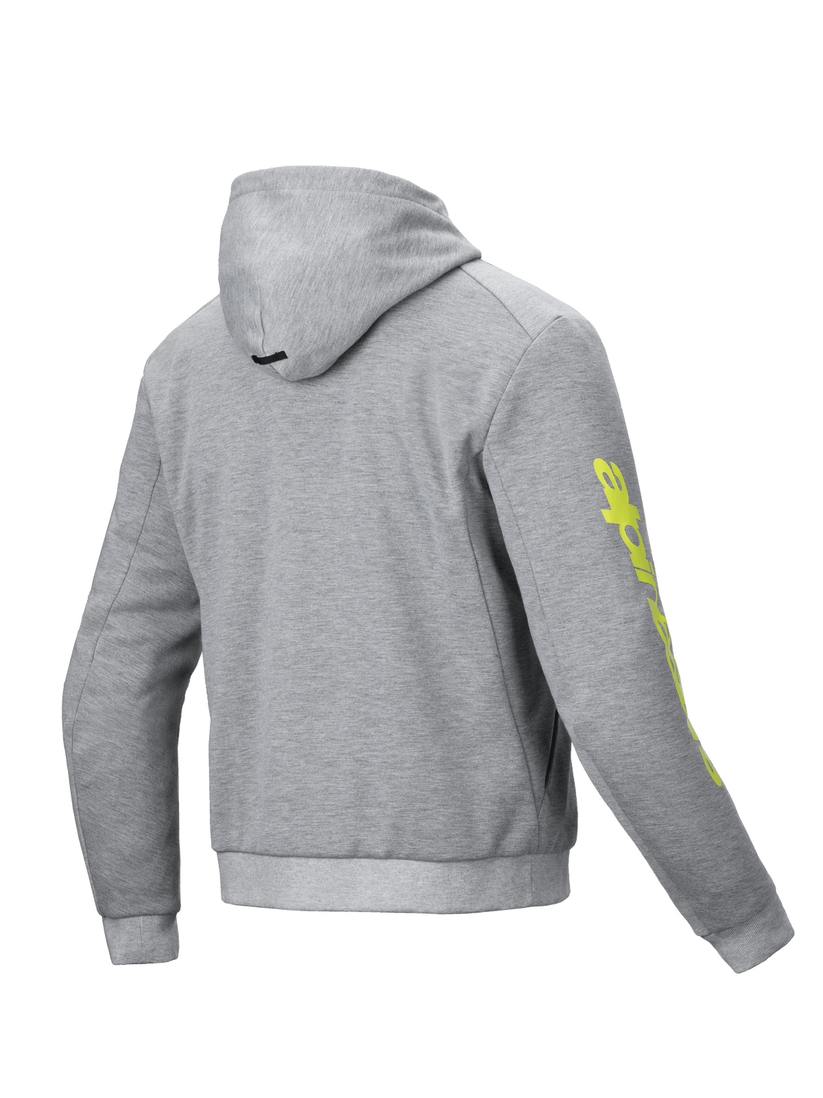 Alpinestars sudadera Chrome V2 Sport, sudadera de moto urbana para hombre, gris y amarilla flúor, forro polar técnico, certificada CE clase A, vista posterior.