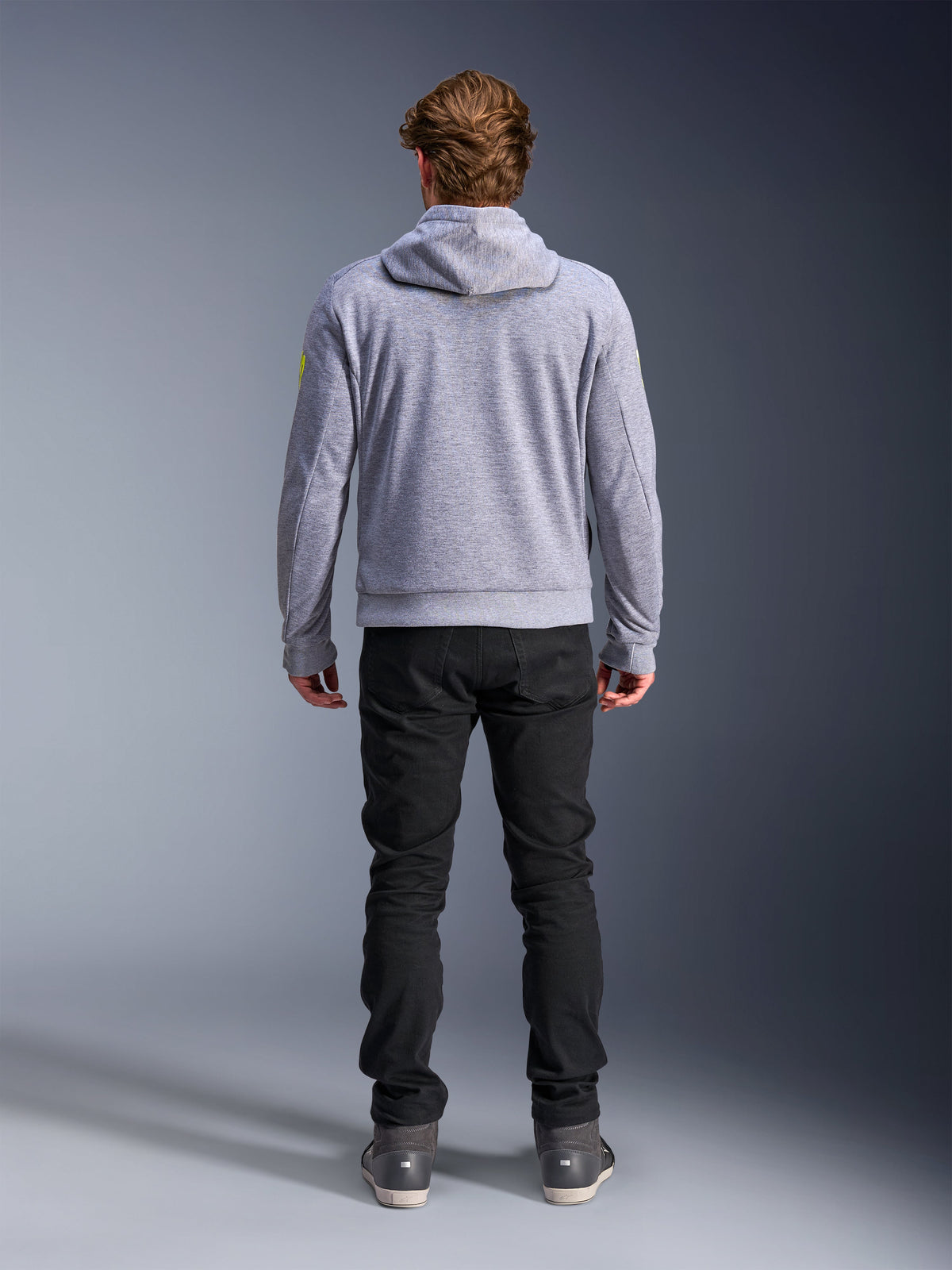Sudadera Alpinestars Chrome V2 Sport, equipamiento de moto urbano para hombre en gris jaspeado y amarillo flúor, vista trasera.
