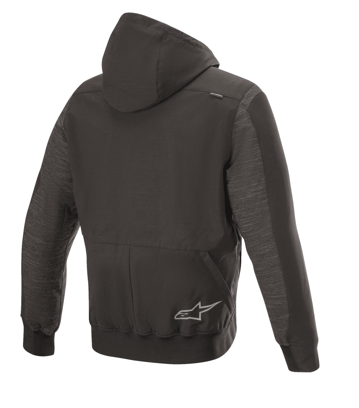 Sudadera Alpinestars Rhod Windstopper, chaqueta de moto urbana, negro melange, vista trasera con capucha desmontable, puños y dobladillo acanalados, y un sutil logotipo de estrella en la espalda