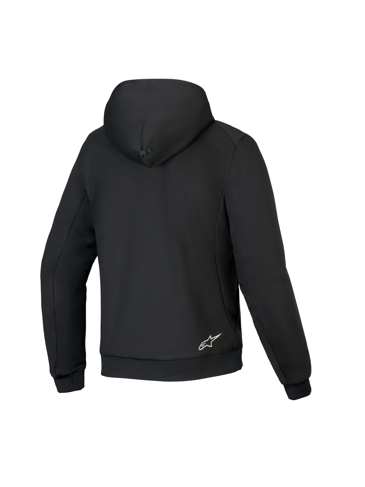 Alpinestars Honda Chrome V3 Sport Hoodie, negro, vista posterior de la sudadera para moto, confección en forro polar técnico, con capucha con conexión de presión, puños y dobladillo acanalados, y un pequeño logotipo blanco de Alpinestars en la parte inferior de la espalda.