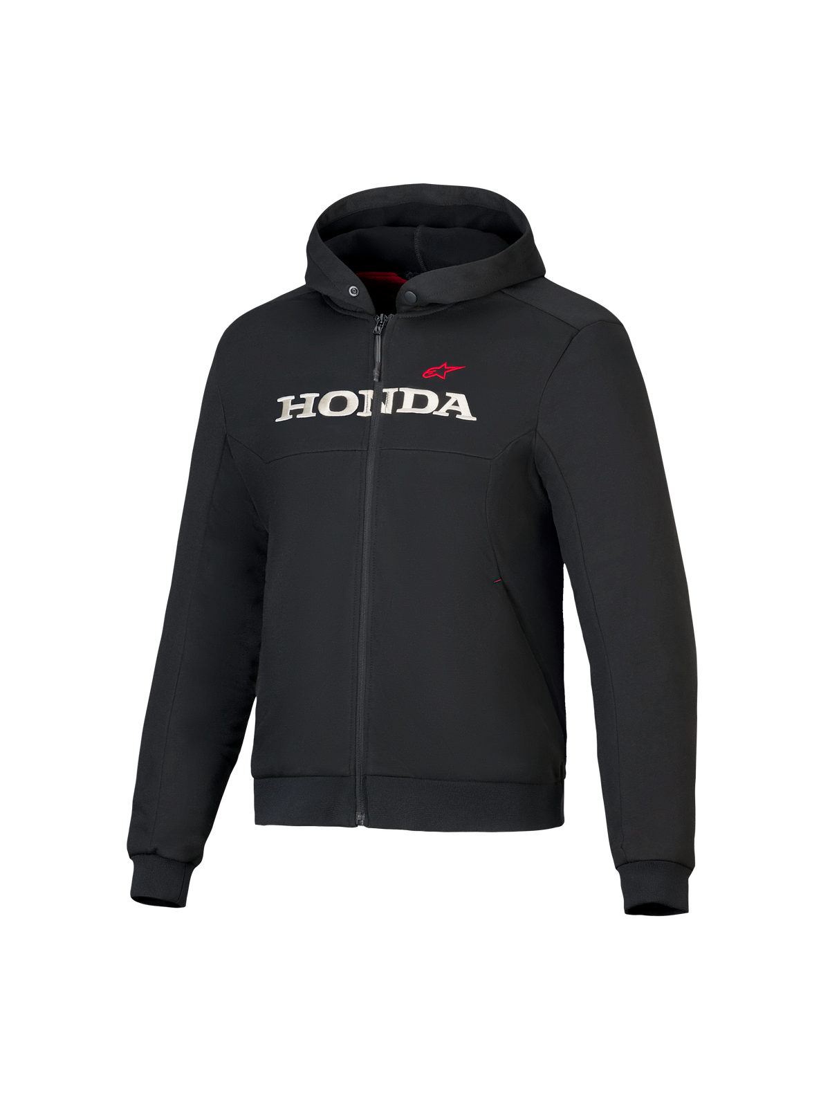 Sudadera Honda Chrome V3 Sport, chaqueta negra con capucha y cremallera frontal, logotipo HONDA blanco y estrella roja de Alpinestars en el pecho, mangas largas con puños acanalados, forro de la capucha en rojo, ropa urbana para montar en moto