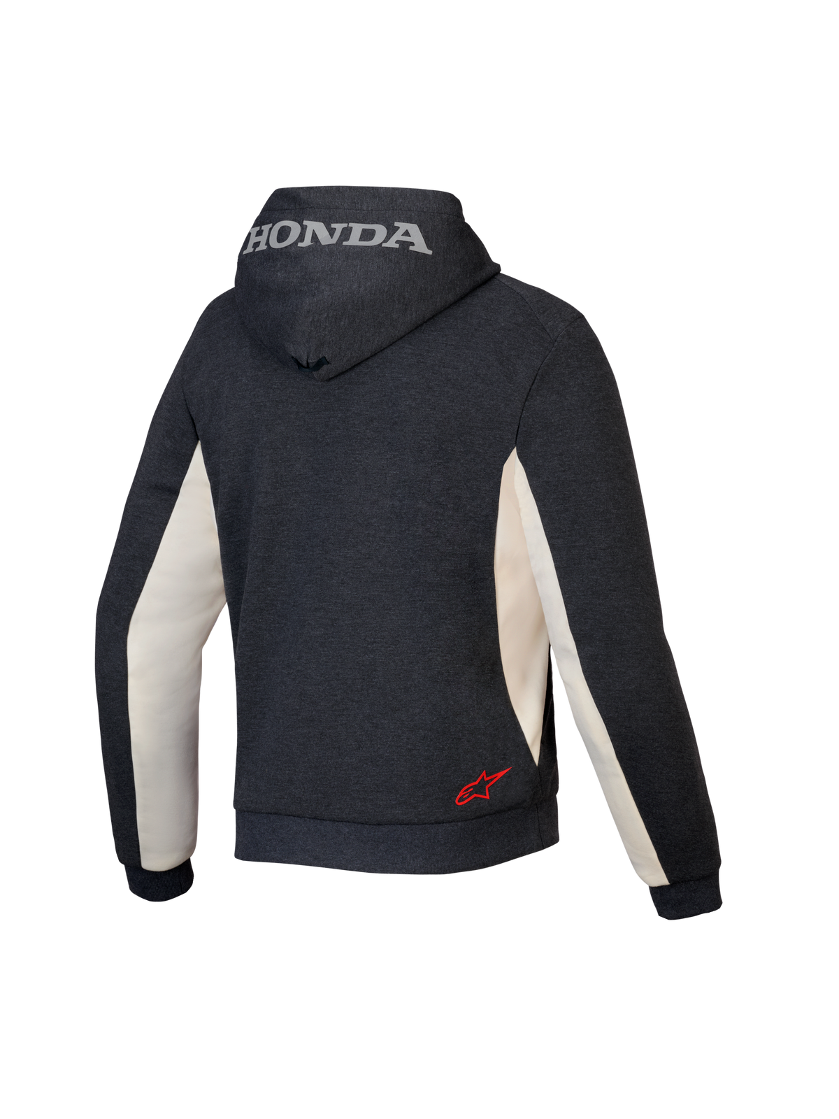 Sudadera Alpinestars Honda Chrome V3 Sport, sudadera urbana de motociclismo, Antracita Melange y Blanco Roto, vista posterior que muestra el logotipo plateado de Honda en la capucha y el logotipo rojo de la estrella de Alpinestars en la parte inferior de la espalda, construcción en forro polar técnico