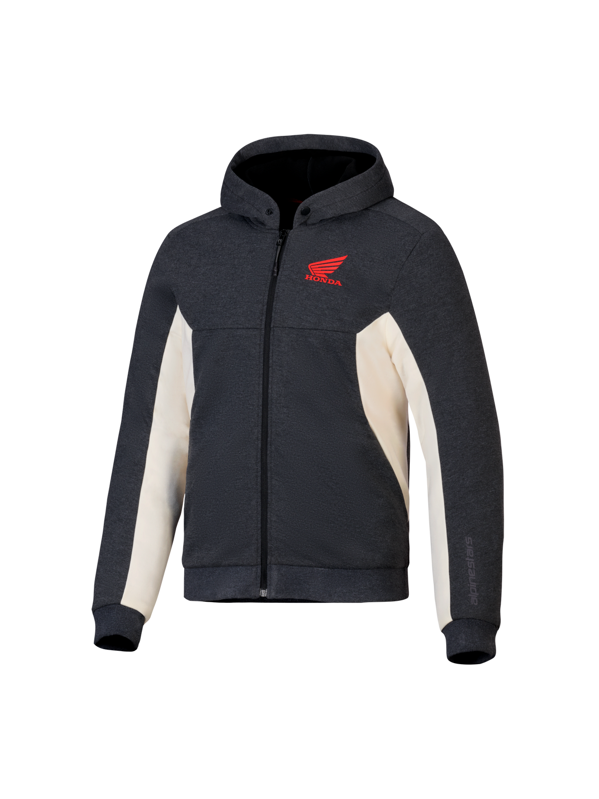 Alpinestars Honda Chrome V3 Sport Hoodie, gris antracita melange y blanco roto, logo Honda Wing rojo en el pecho, forro polar técnico con cremallera completa, capucha con botones a presión y puños acanalados, equipamiento casual de conducción urbana para motocicletas