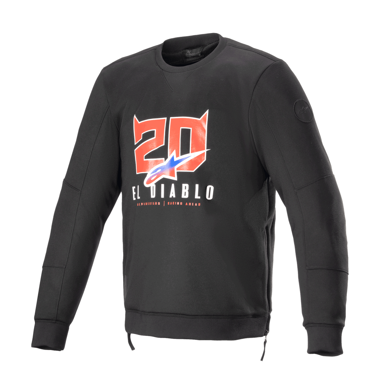 Alpinestars FQ20 Legit Crew Fleece, sudadera de moto negra de manga larga, con gráficos en el pecho del número '20' con cuernos de diablo y 'El Diablo', logo con degradado azul y rojo, cremalleras laterales y ribetes acanalados, equipamiento urbano casual