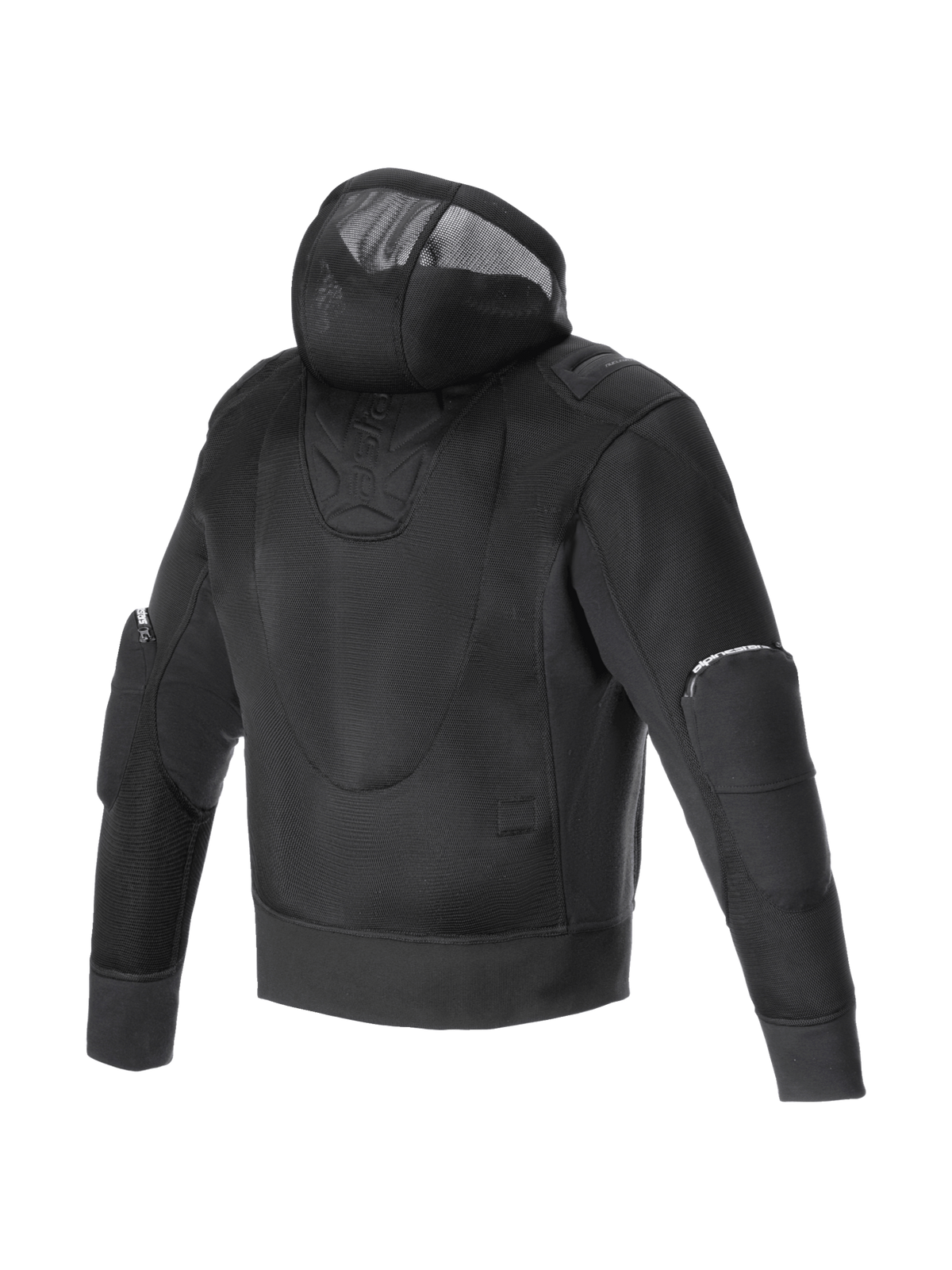 Alpinestars sudadera con capucha Moflow Air Tech, chaqueta de moto urbana para hombre, negra, con chasis de malla técnica ventilada de alta densidad, vista trasera.