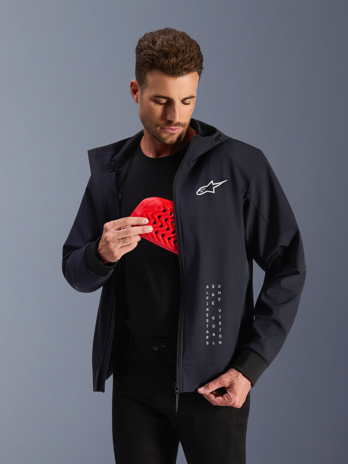 Alpinestars Radium Tech Hoodie, Black Urban Motorcycle Jacket with red Nucleon Flex Plus armor insert, Man.