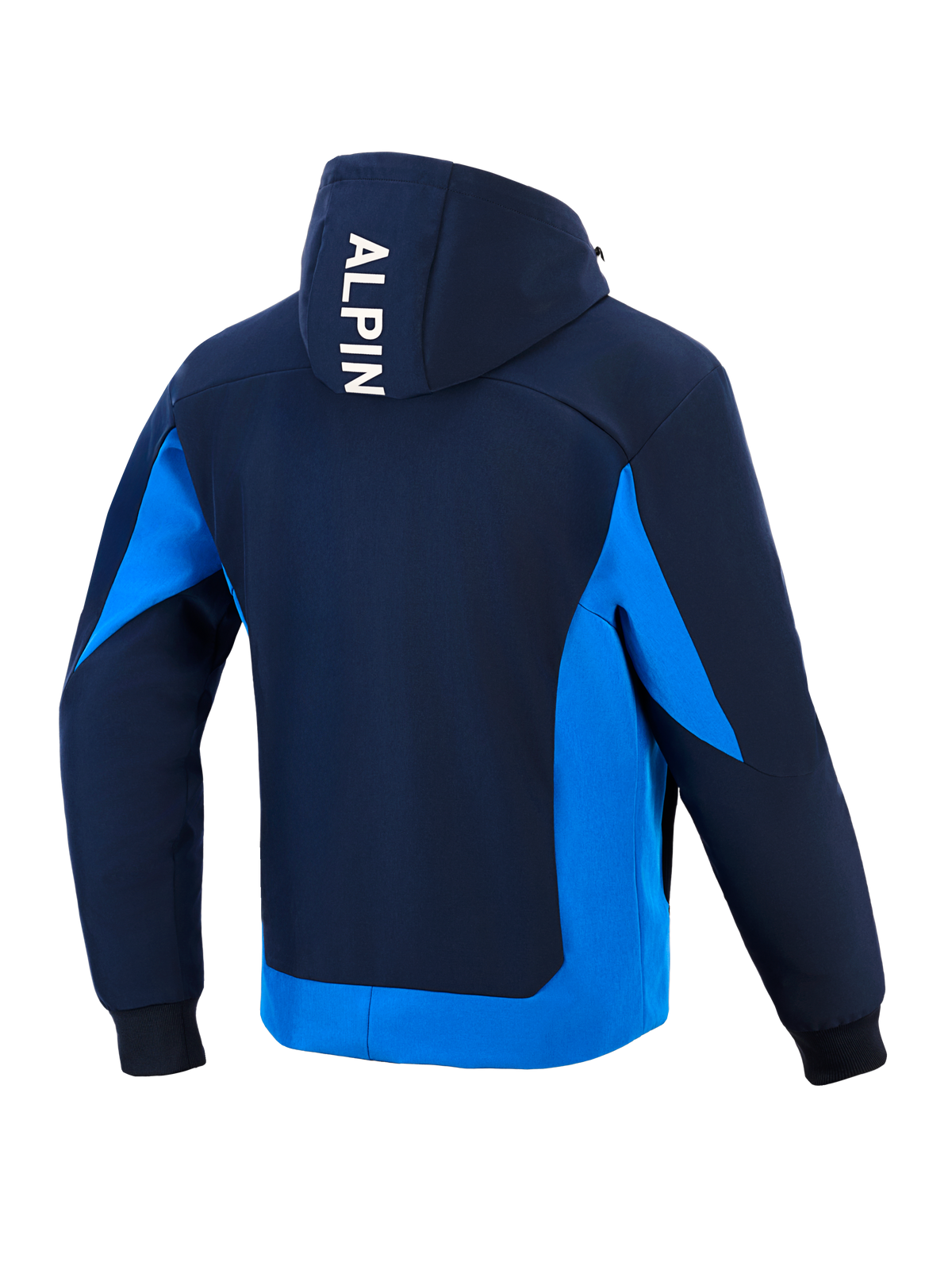 Alpinestars Radium Tech Hoodie, technical motorcycle hoodie, Night Navy and Royal Blue, rear view showing white vertical 'ALPIN' branding on the hood, bright blue side panels and lower hem, ribbed cuffs, urban athletic design