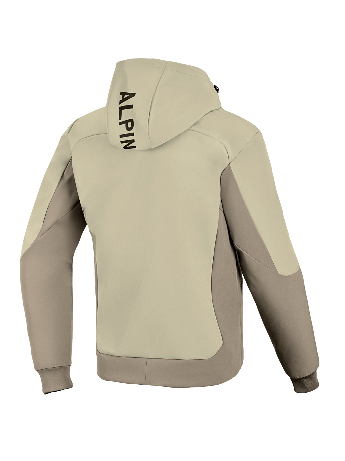 Alpinestars Radium Tech Hoodie, vista trasera, Mastic Aluminum, chaqueta de moto urbana, diseño textil en dos tonos beige y gris, logotipo negro vertical en la capucha, puños y dobladillo acanalados, carcasa técnica cortaviento para conducción urbana.