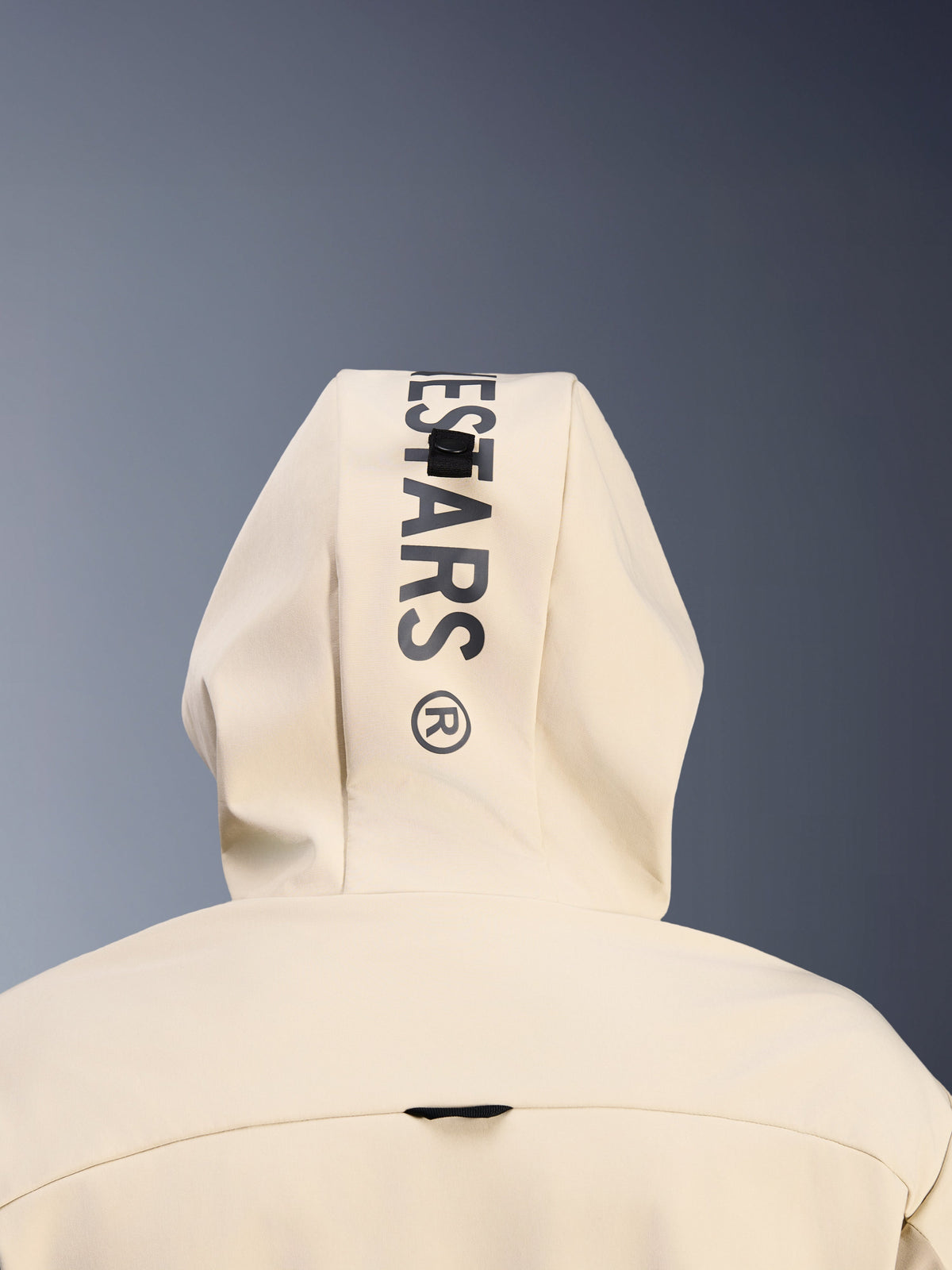 Alpinestars Radium Tech Hoodie en Mastic Aluminum, vista trasera en primer plano de la capucha mostrando la marca vertical negra de Alpinestars y el sistema de lazo de sujeción, detalle de ropa de motociclismo urbana