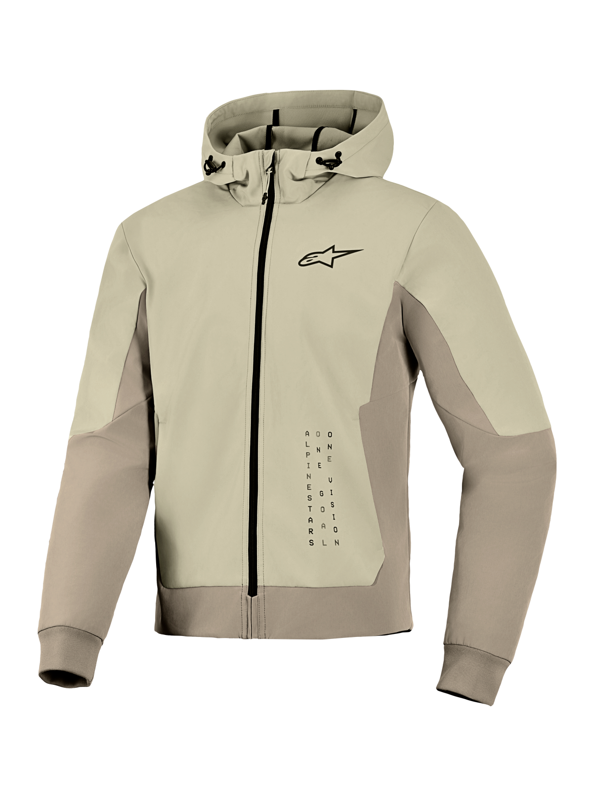 Alpinestars Radium Tech Hoodie, chaqueta técnica de moto con capucha, color Mastic Aluminum, diseño con cremallera, pequeño logo negro en el pecho y gráfico vertical, capa cortaviento con capucha ajustable