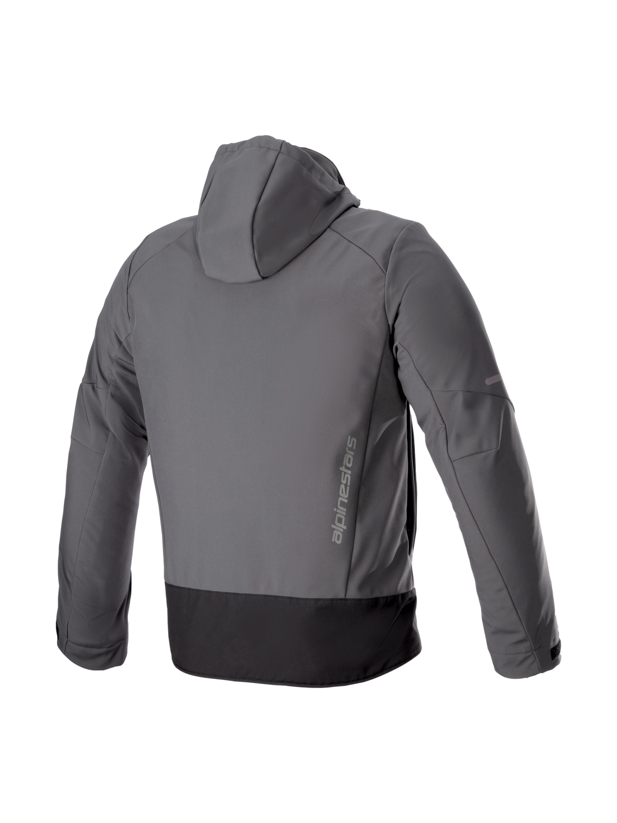 Alpinestars Neo Waterproof Hoodie, urban motorcycle riding jacket in Gray and Black, rear view showing textile softshell and vertical branding.