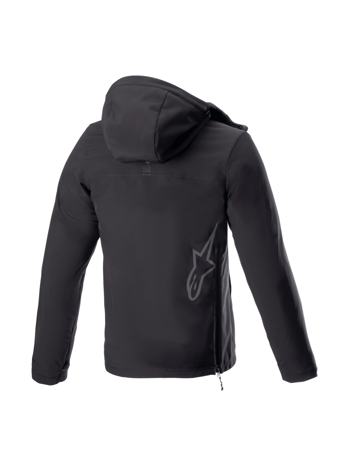 Alpinestars Sudadera Sherpa, chaqueta de moto urbana para hombre, negra, vista trasera con logotipo reflectante y cremallera lateral técnica.
