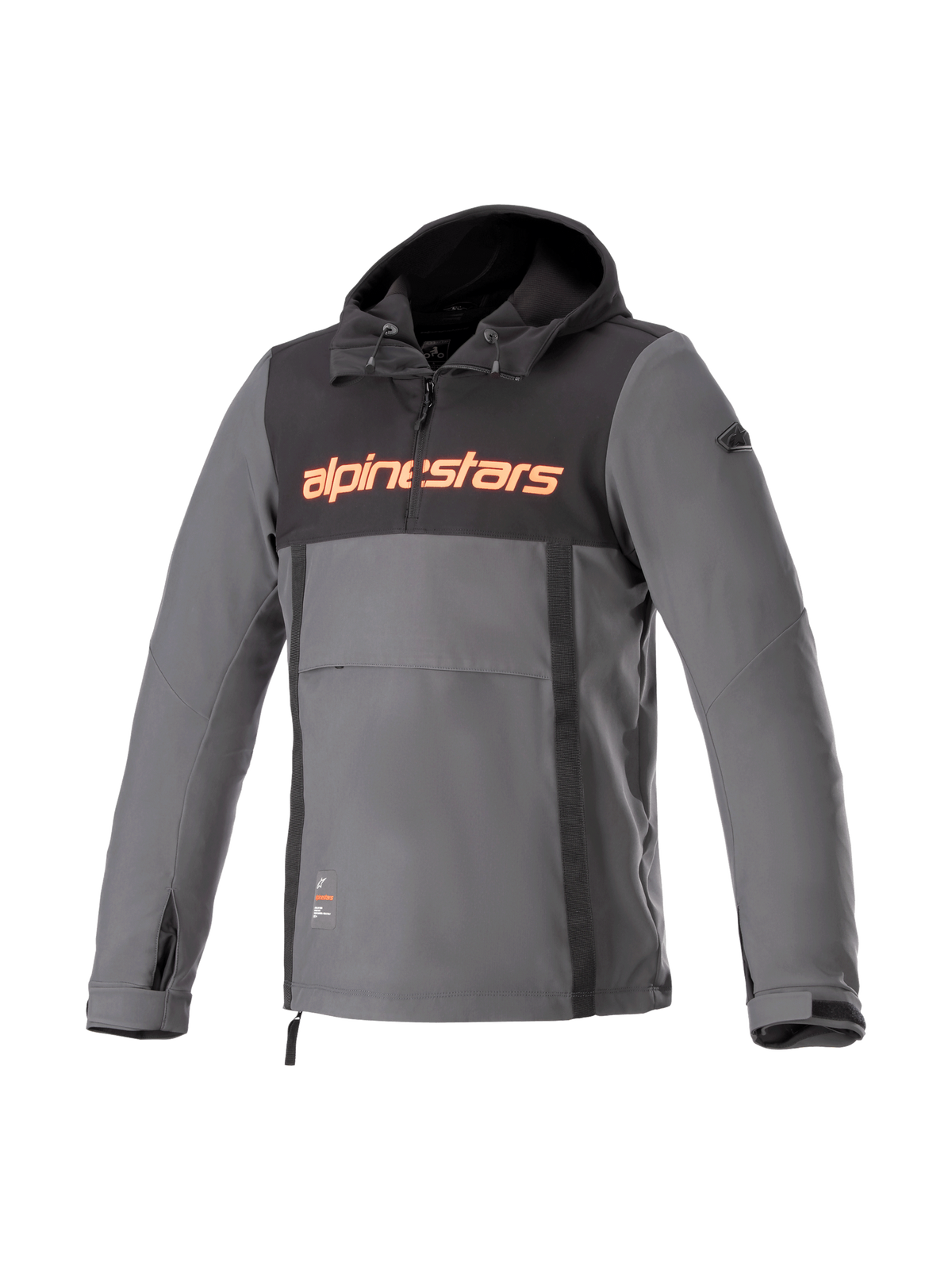 Alpinestars Sherpa Hoodie, sudadera con capucha para moto de estilo anorak, para hombre, gris y negra, softshell cortavientos con logotipo rojo flúor.