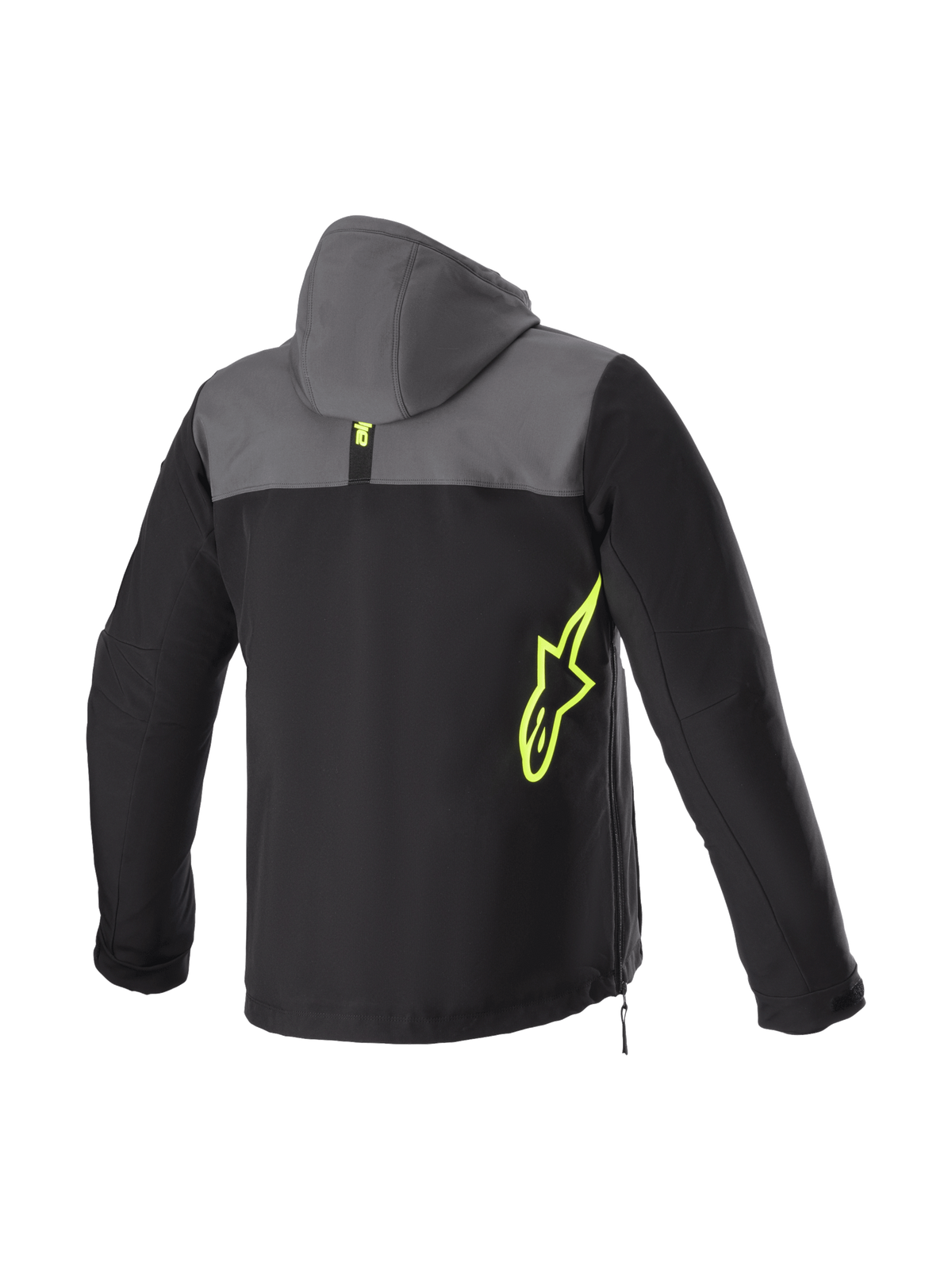 Alpinestars Sudadera Sherpa, chaqueta de moto urbana para hombre, negra y gris alquitrán, softshell técnico con logo amarillo fluo.