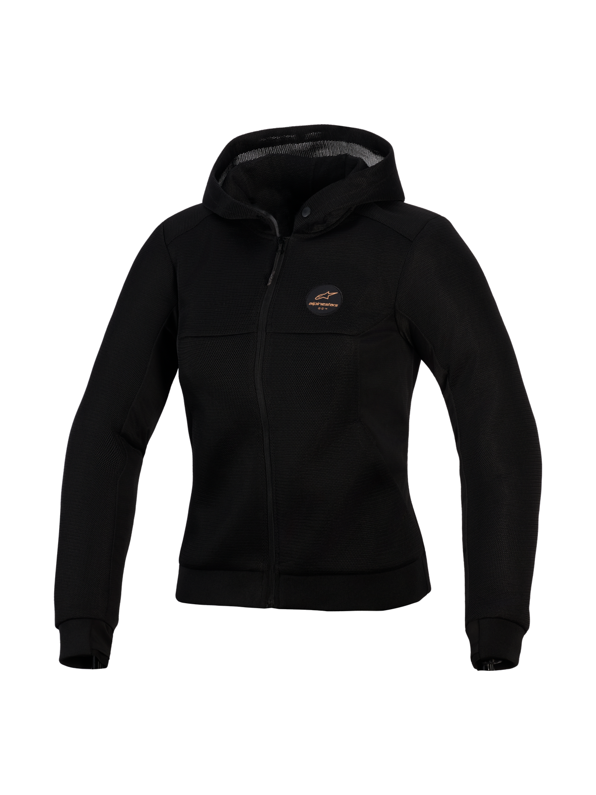Alpinestars Stella Chrome Superairflow Hoodie, sudadera técnica de moto para mujer, negra, con construcción de malla 3D, parche con logotipo en color cobre en el pecho, cremallera frontal completa y capucha, diseñada para máxima ventilación y protección urbana