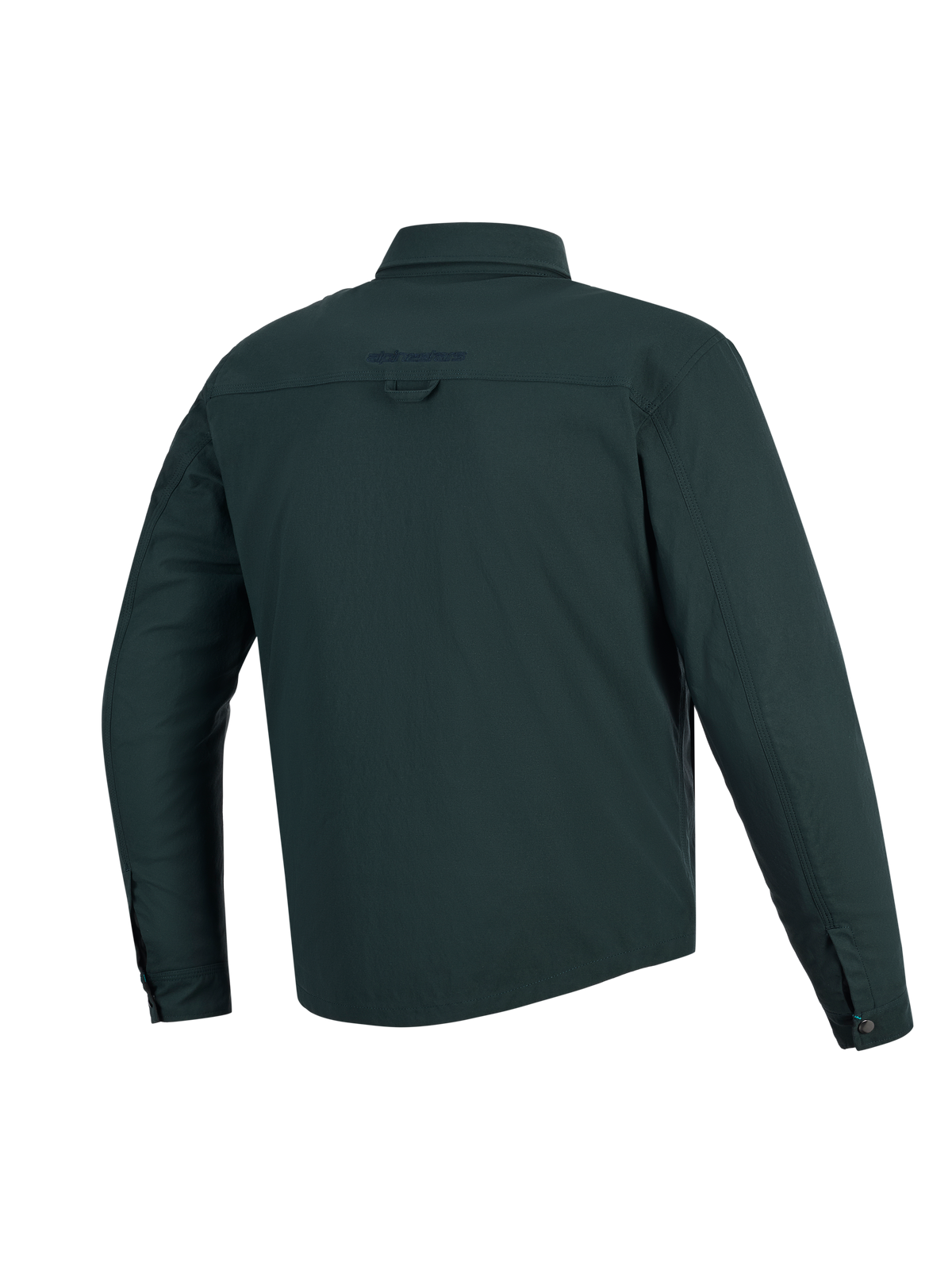 Alpinestars Bryon Water Resistant Overshirt, Dark Emerald, Back View, water-resistant waxed canvas motorcycle jacket, features embroidered logo on upper back, back hanging loop, and longer rear profile for coverage