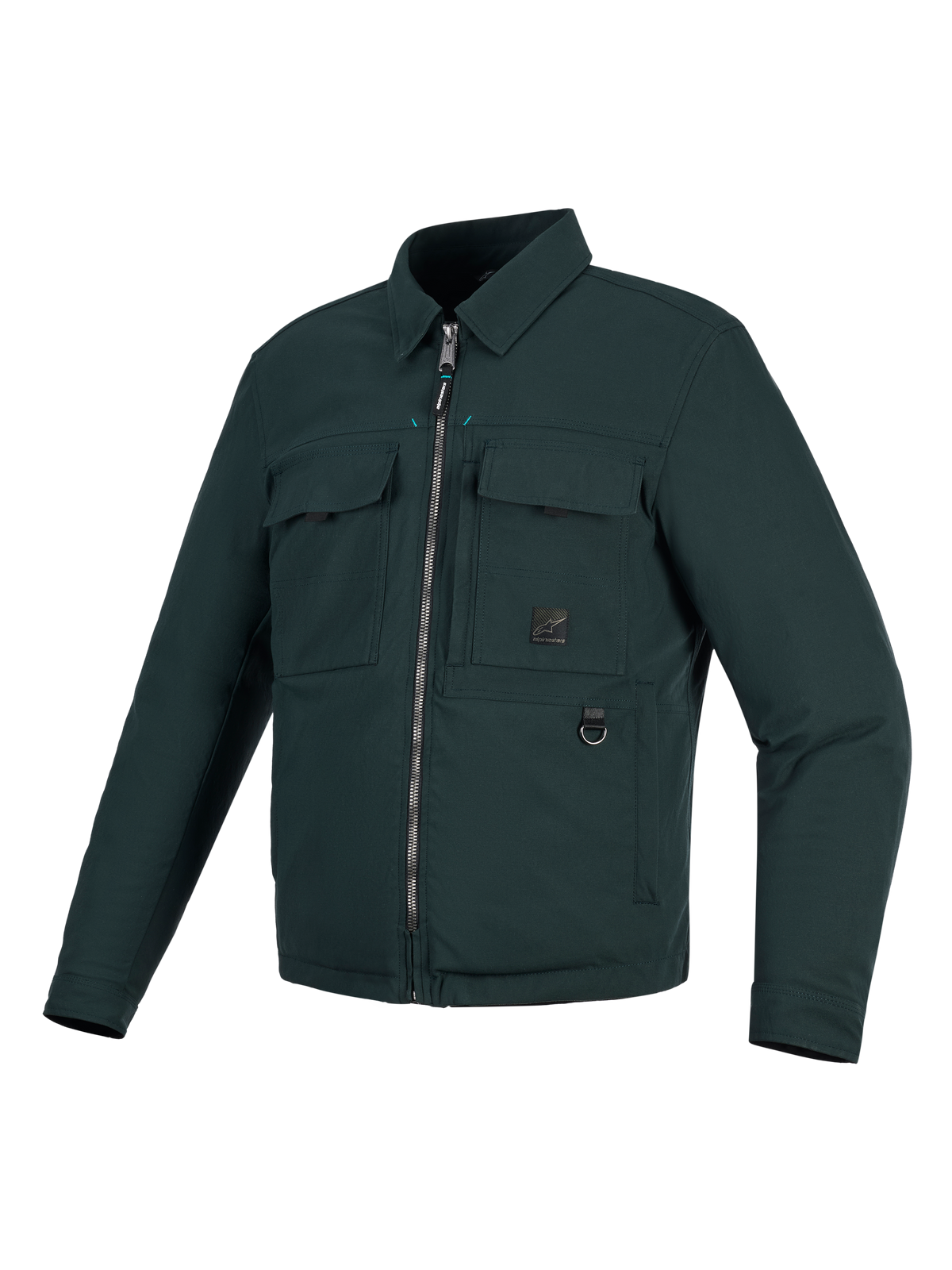 Alpinestars Bryon Water Resistant Overshirt, Motorcycle Jacket, Dark Emerald green, workwear-inspired design with waxed canvas, two chest cargo pockets, metal D-ring, and full-length front zipper.