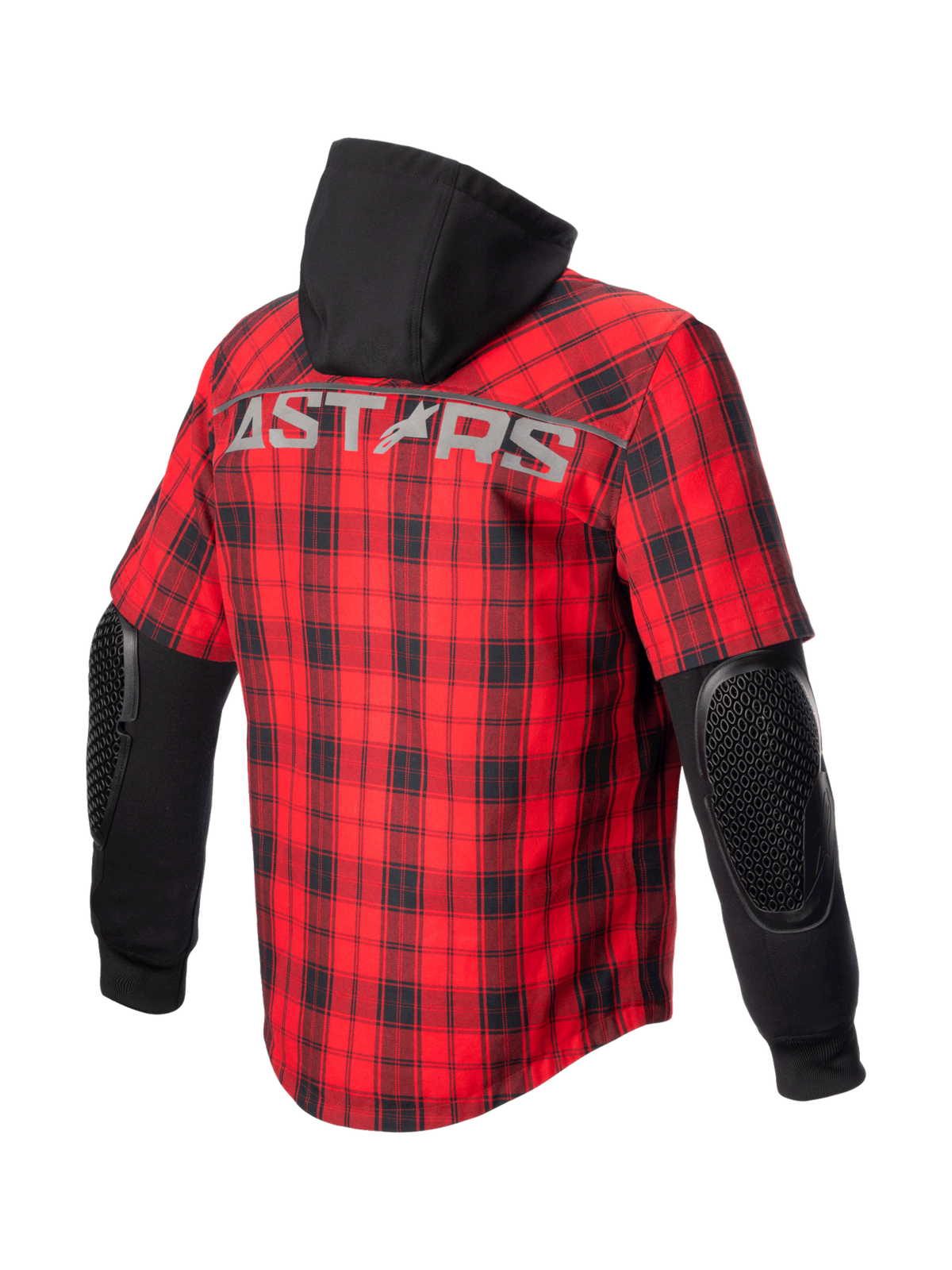 Camisa Alpinestars MO.ST.EQ Tartan, chaqueta de moto de hombre, roja y negra, con protección de codo expuesta y capucha fija.