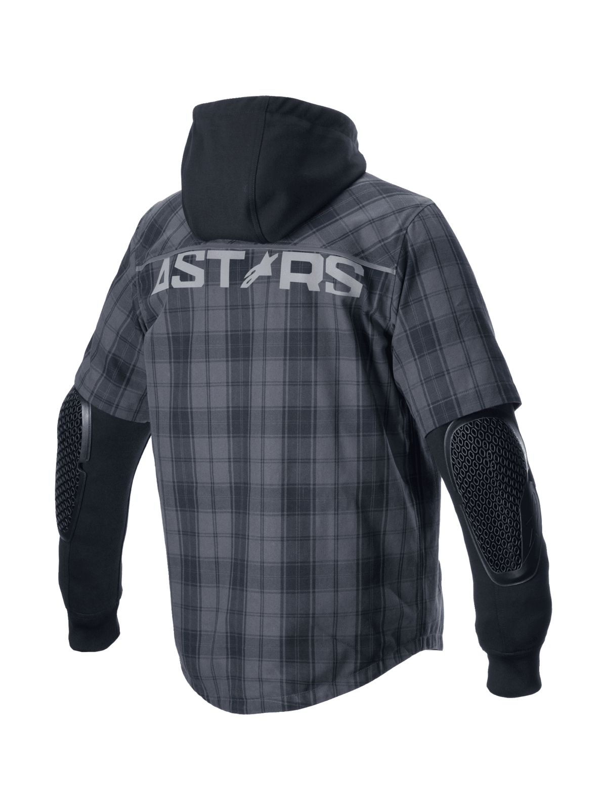 Camisa Alpinestars MO.ST.EQ Tartan, sobrecamisa de moto urbana gris y negra, con capucha y protección expuesta en los codos