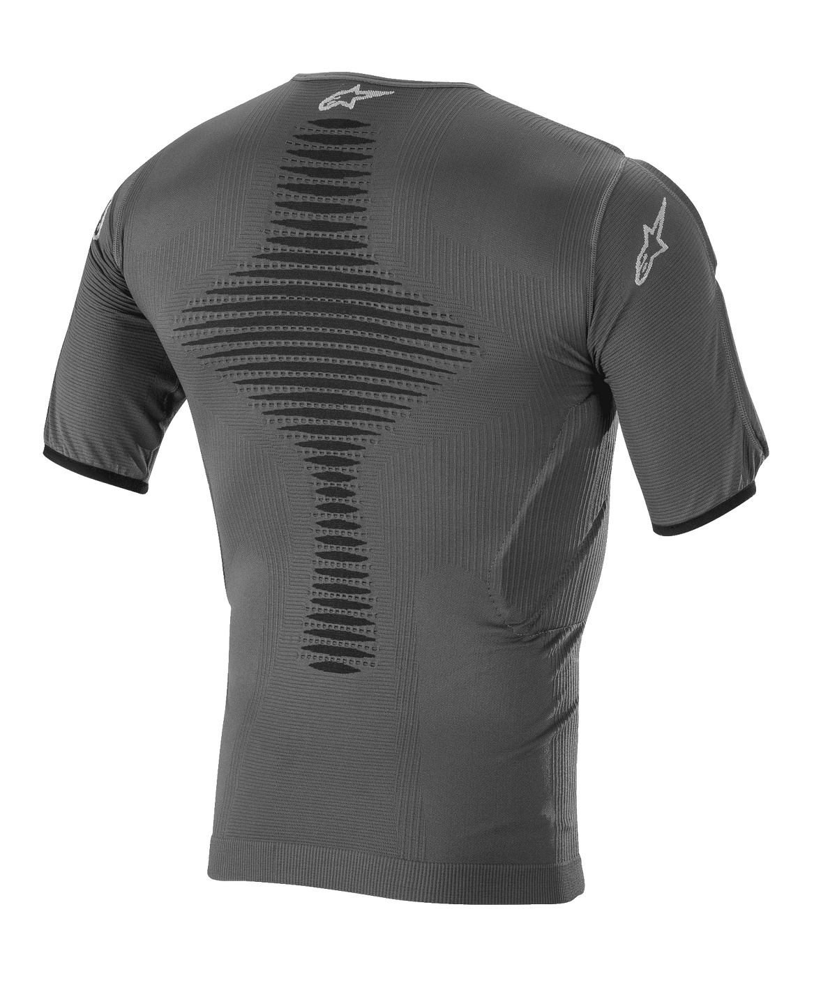 Camiseta Capa Base Roost de Alpinestars, capa base de motocross, negro antracita, vista trasera con construcción de punto transpirable, zona de ventilación central texturizada, manga corta y logotipo de la estrella Alpinestars en el cuello y la manga