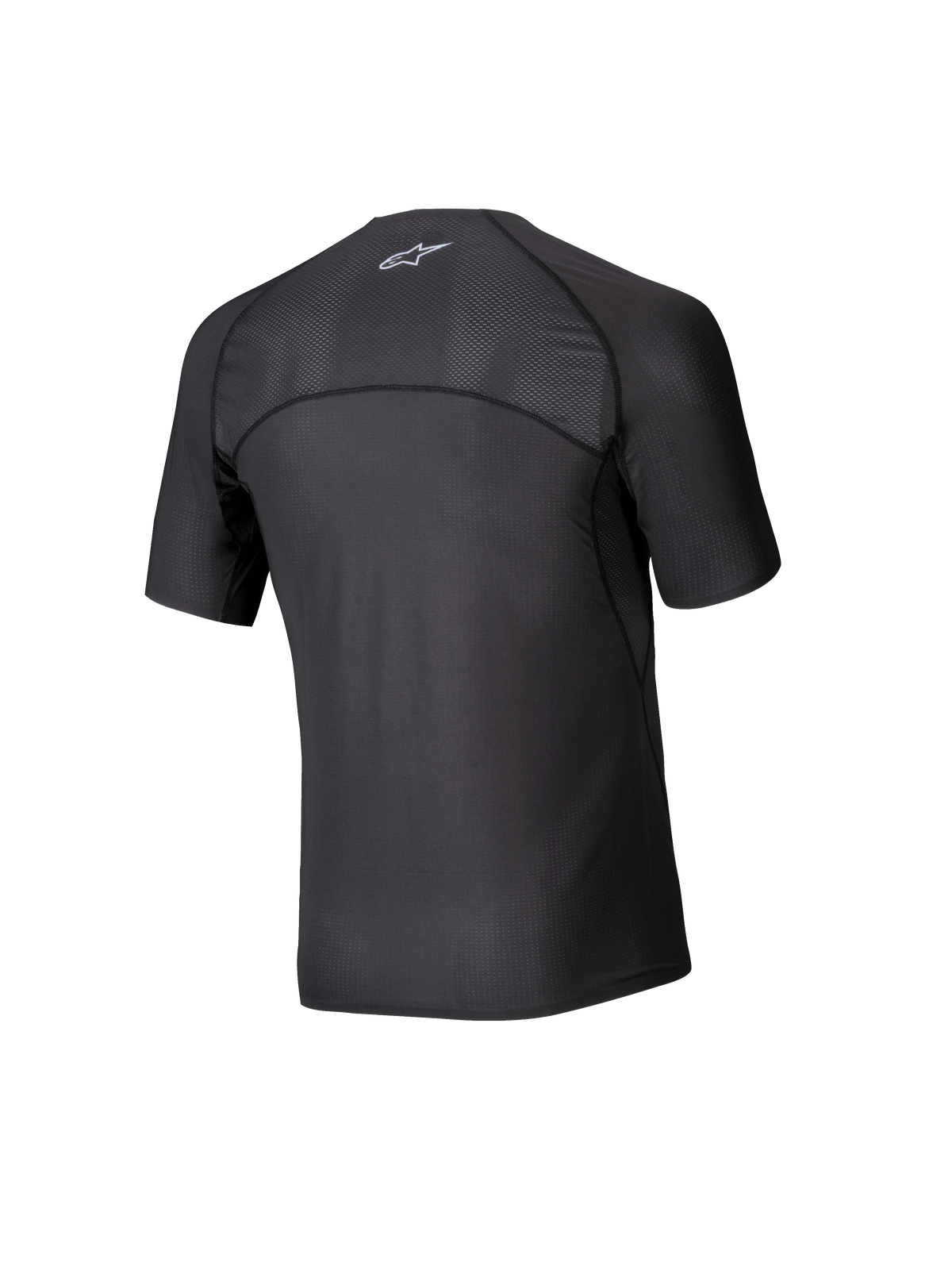 Alpinestars Tech KX Sim Top, capa base de karting de manga corta, negro, vista posterior que muestra paneles de malla transpirable en los hombros y la parte superior de la espalda, construcción de costuras ergonómicas, tejido técnico de alto rendimiento que absorbe la humedad
