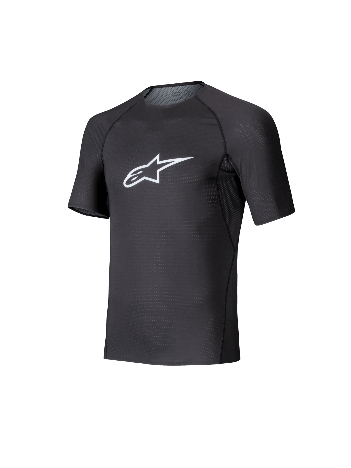 Alpinestars Tech KX Sim Top, capa base de karting de manga corta, negro con logotipo Astars blanco en el pecho, construcción de malla elástica transpirable, ajuste ergonómico para karting y sim racing