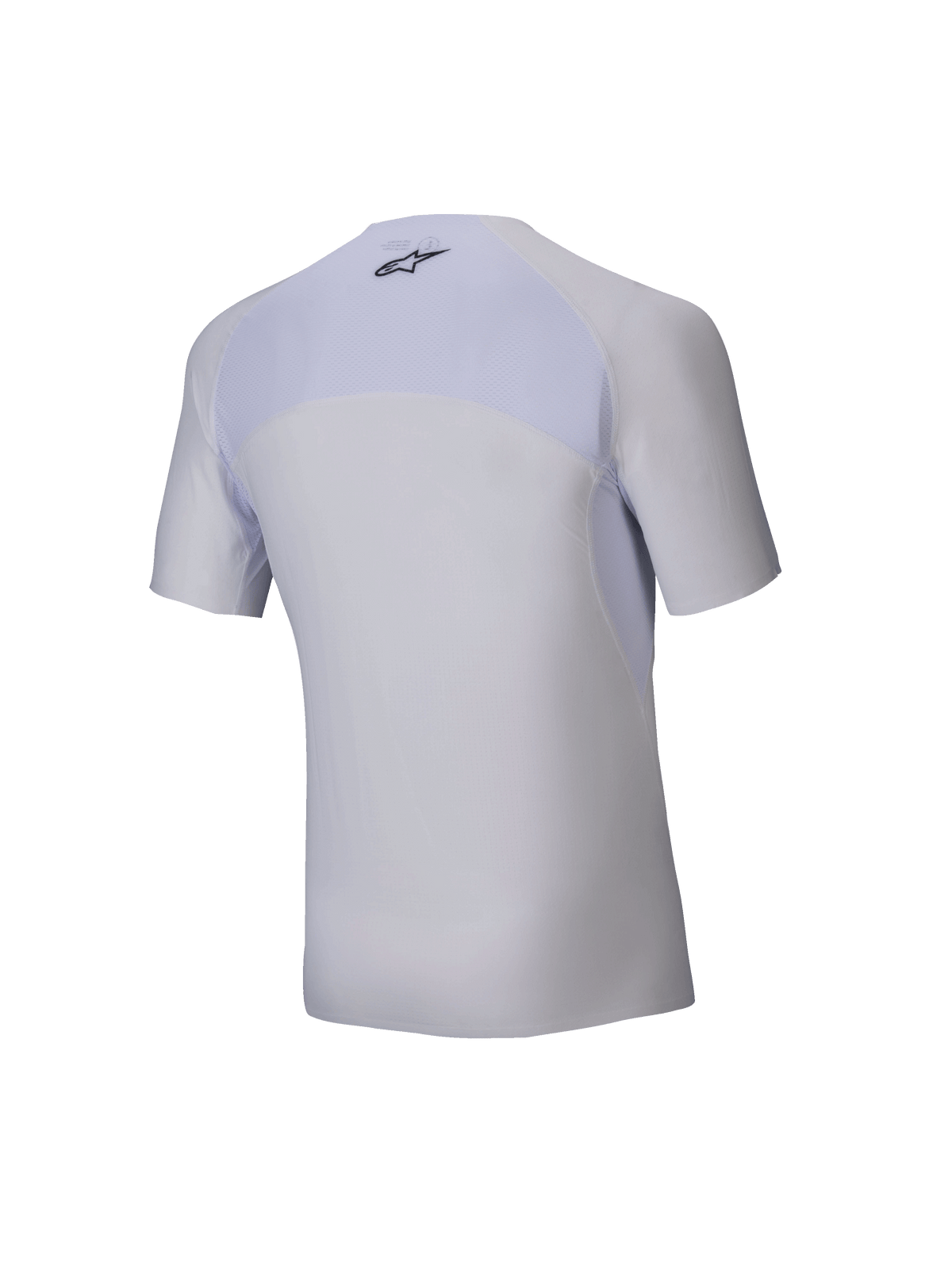 Alpinestars Tech KX Sim Top - Manga Corta, capa base de karting blanca, vista posterior, con panel de malla transpirable en la parte superior de la espalda, logotipo de Alpinestars negro en el cuello, material elástico ergonómico para rendimiento en competición
