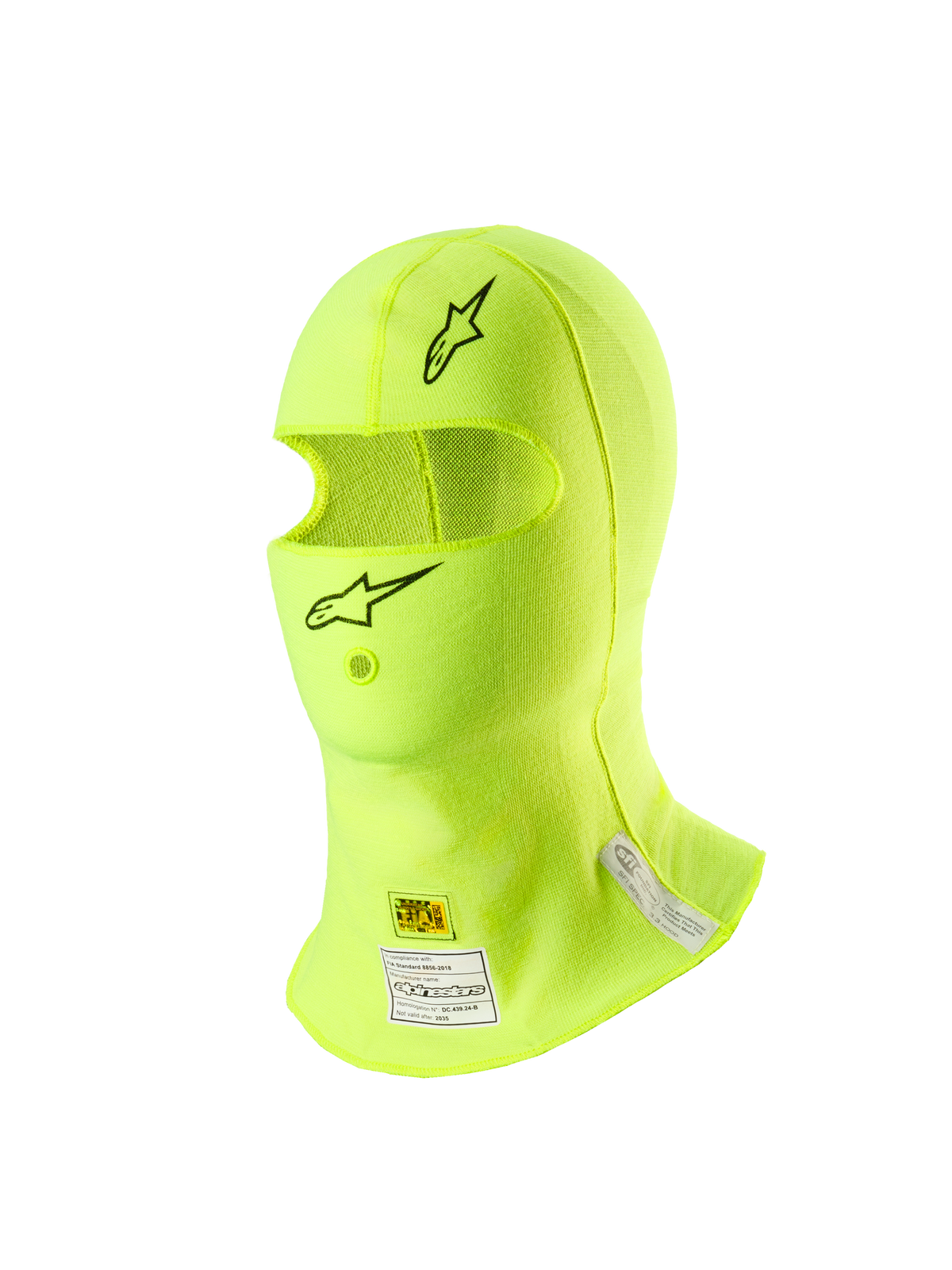 Pasamontañas Alpinestars ZX Evo V3, equipo para carreras de autos, color amarillo flúor, con logotipos de estrella negros en la frente y el mentón, etiquetas de certificación FIA y SFI en el cuello, material ligero resistente a las llamas con apertura para tubo de hidratación