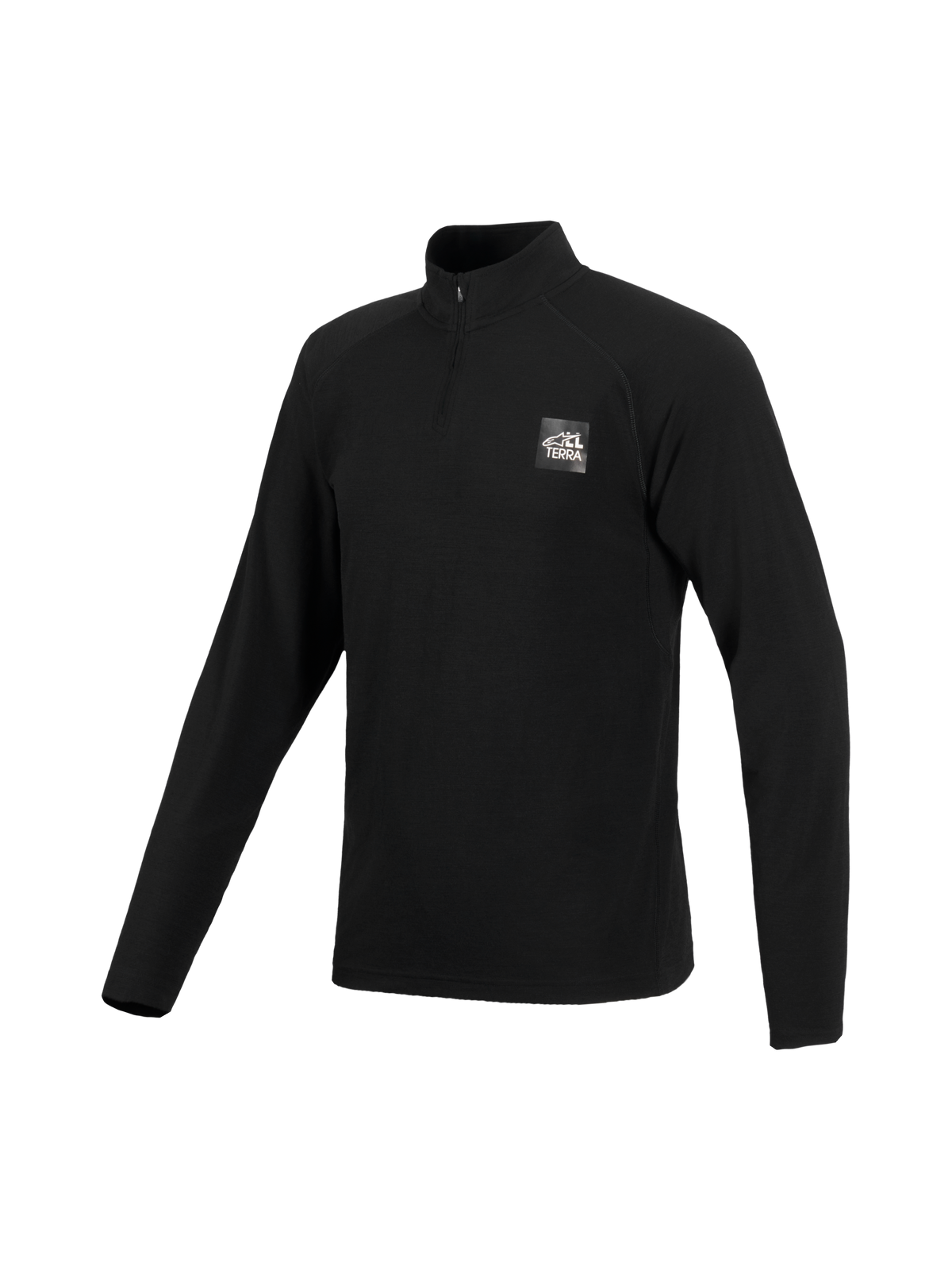 Alpinestars At 8 Merino Top Layer, camiseta técnica de manga larga en mezcla de lana merino para adventure moto, negra con cremallera corta y logotipo All Terra en el pecho