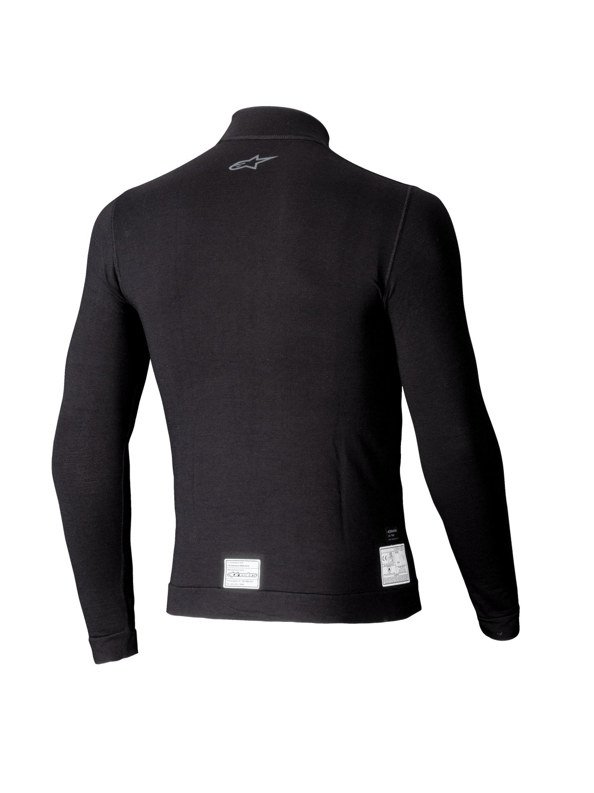 Camiseta de manga larga Alpinestars ZX Evo V3, capa base negra para automovilismo, vista posterior con un pequeño logo gris en el cuello y etiquetas de certificación FIA/SFI blancas en el dobladillo inferior, diseño ligero y resistente a las llamas.