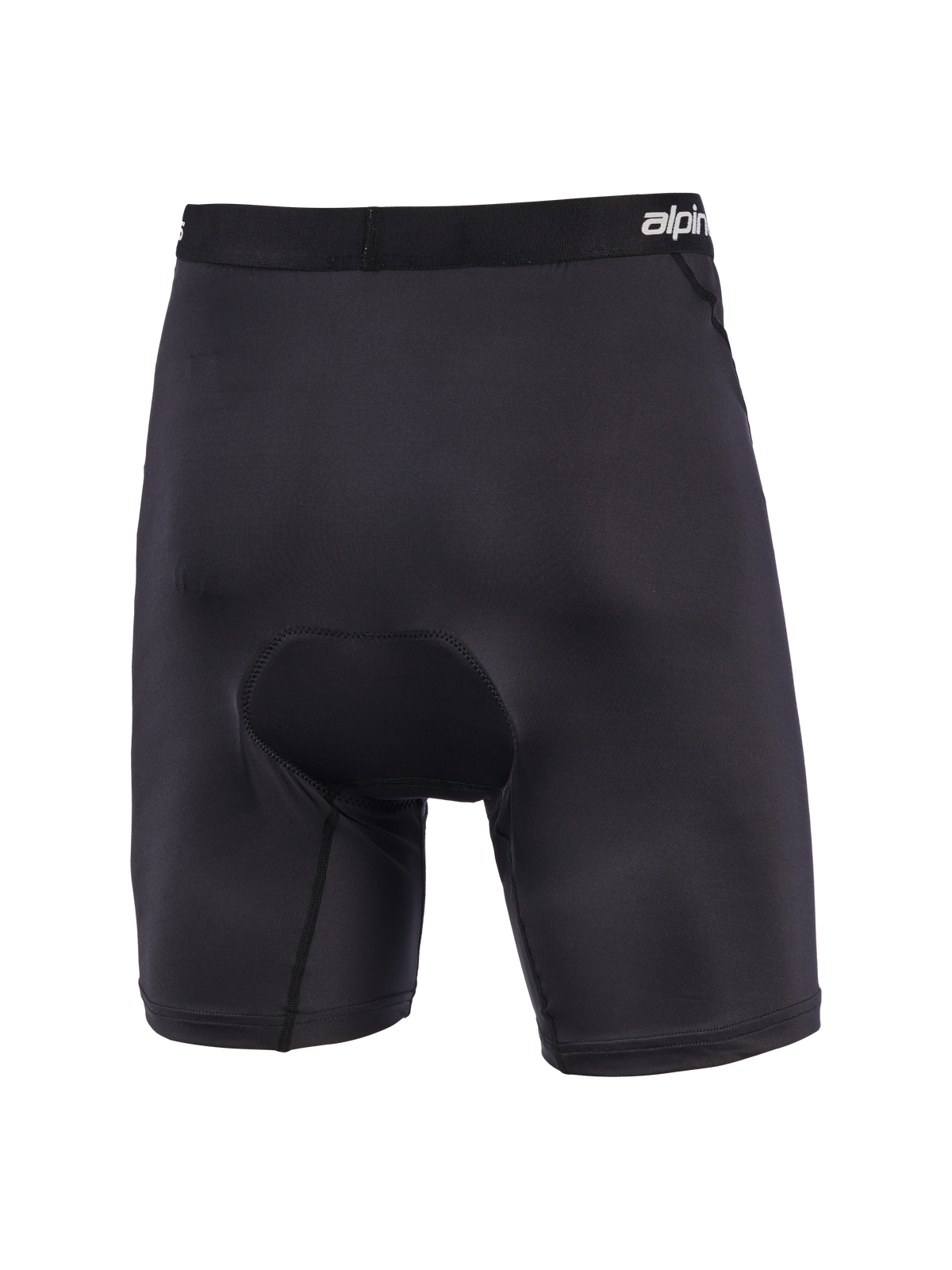 Alpinestars MX Boxer Padded, pantalones cortos tipo capa base acolchados para motocross en color negro, vista trasera que muestra el acolchado de gamuza de densidad múltiple en el asiento, cintura elástica con la marca y construcción elástica ergonómica para mayor comodidad en la conducción off-road.