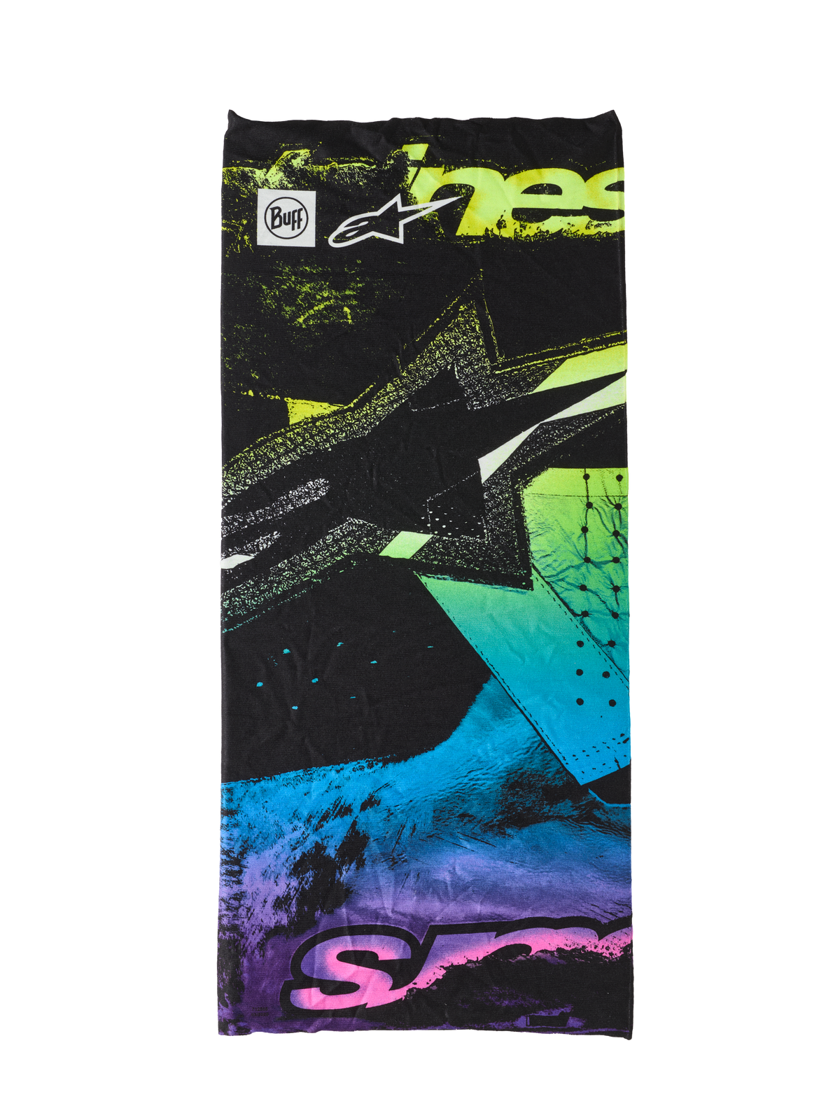 Alpinestars Buff Ignite Neck Tube, braga de cuello negra con gráficos abstractos en rosa fluorescente, amarillo, azul y morado, con el logotipo de la estrella de Alpinestars y la marca Buff, ligera y sin costuras para montar en moto