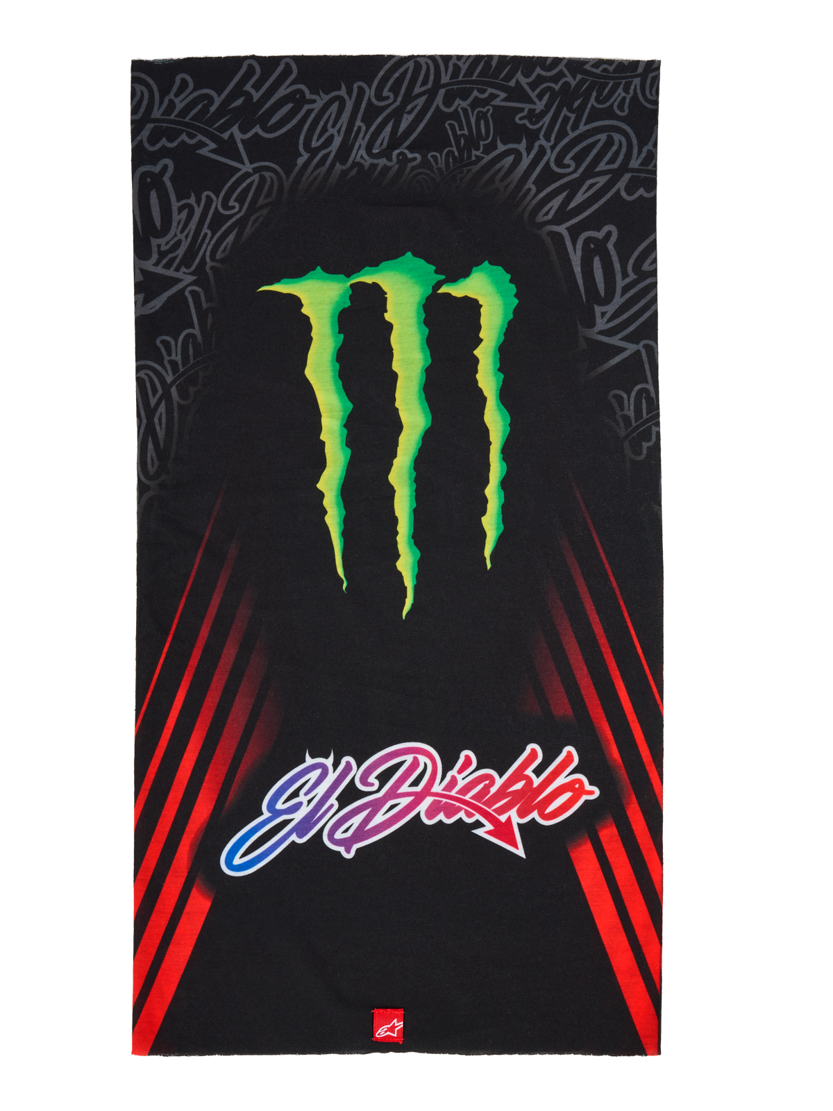 Alpinestars FQ20 Neck Tube Monster, tubo para el cuello para motociclismo, negro con un gran logotipo verde de la garra de Monster Energy y el texto degradado 'El Diablo', rayas diagonales rojas en los laterales, accesorio textil ligero para primavera y verano