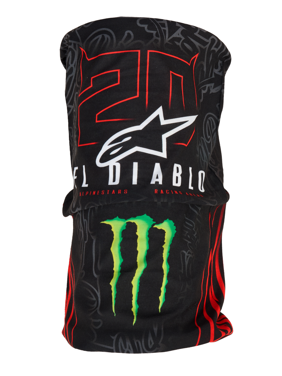 Alpinestars FQ20 Neck Tube Monster, tubo para el cuello ligero para moto, negro con gráficos rojos del '20' y 'El Diablo' en blanco, logotipo blanco de Alpinestars y garra verde de Monster Energy, accesorio de carreras con textura textil sedosa