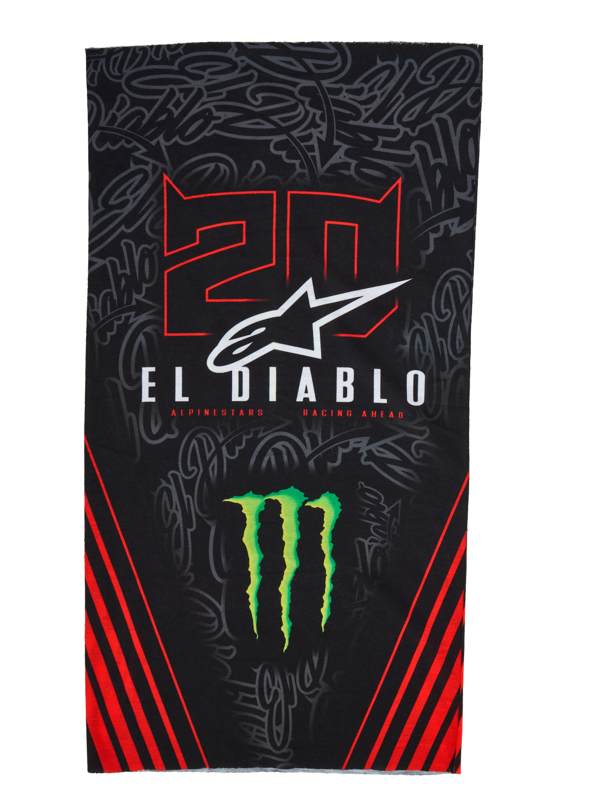 Alpinestars FQ20 Neck Tube Monster, braga de cuello ligera para moto, negra con detalles rojos y verdes, con gráficos de '20' y 'EL DIABLO', el logotipo de la garra de Monster Energy, el logotipo blanco de Alpinestars y franjas diagonales rojas sobre un fondo de grafiti tonal