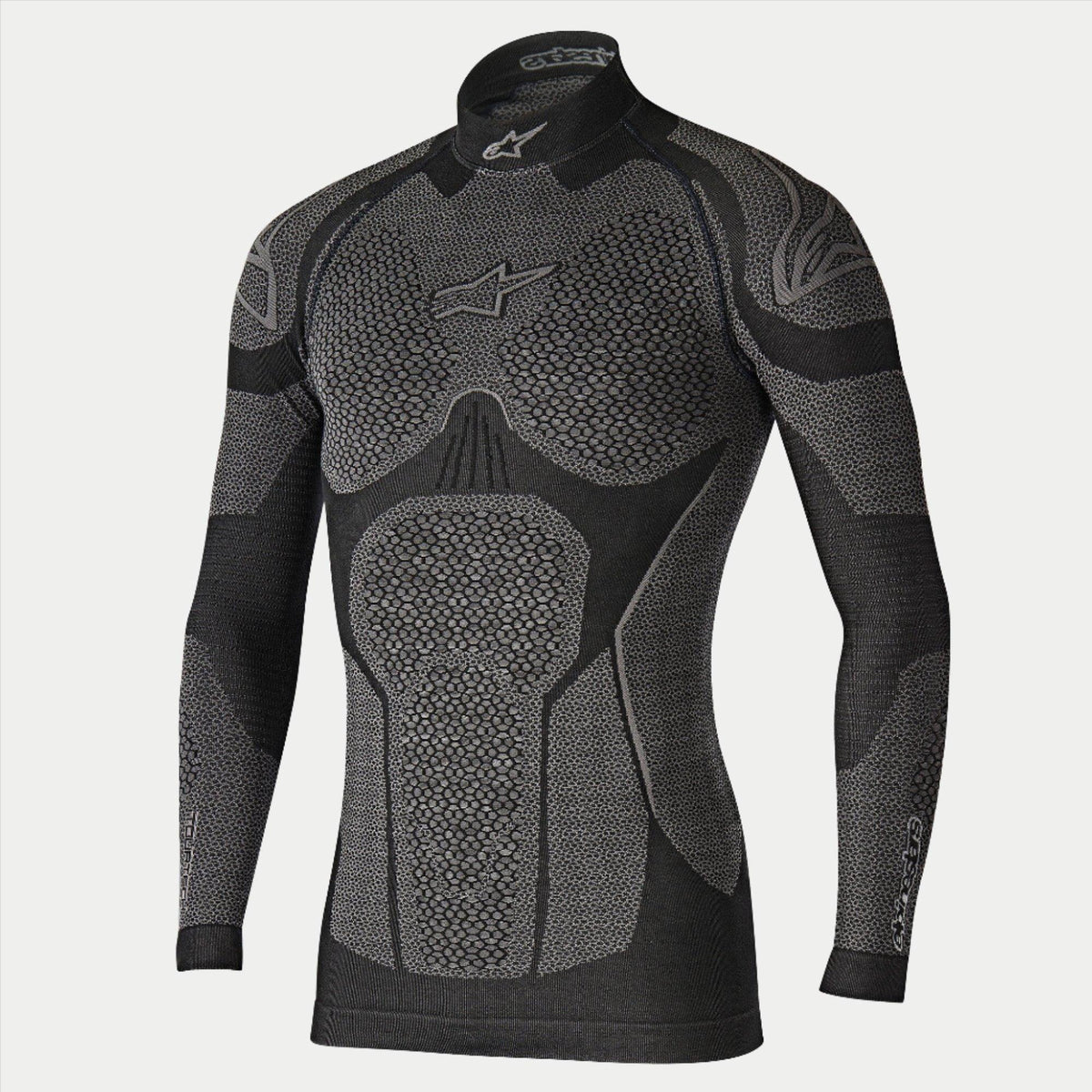 Alpinestars Ride Tech Top Long Sleeve Winter, camiseta interior técnica para moto, negro y gris, camiseta de manga larga con paneles con textura de panal de doble densidad, ajuste de compresión, cuello alto con logotipo de Alpinestars blanco, ropa interior térmica para clima frío