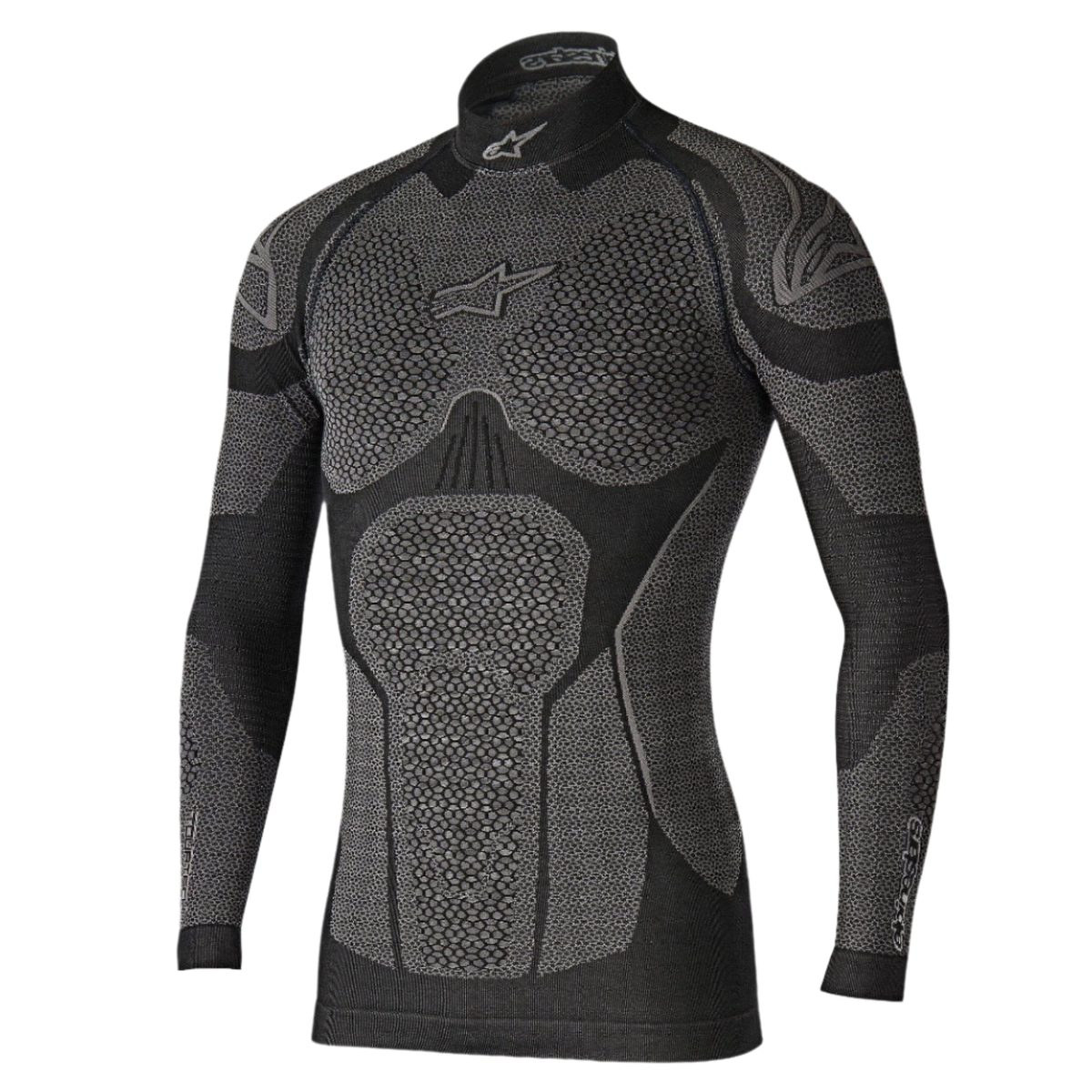 Alpinestars Ride Tech Top Long Sleeve Winter, capa base técnica, negro y gris, con paneles con textura de panal de abeja, diseño de cuello alto y ajuste de compresión para conducción de moto en climas fríos