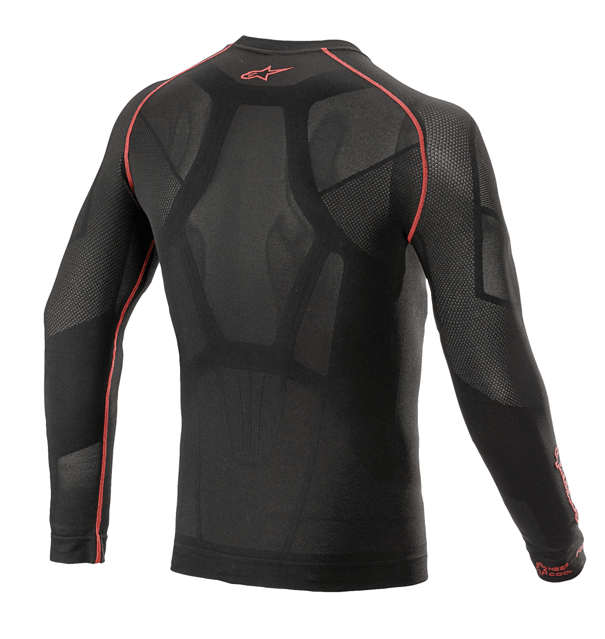 Alpinestars Ride Tech V2 Top Long Sleeve Summer, capa base para motociclista, negro y rojo, vista trasera con construcción de mapeo corporal e inserciones de malla abierta, costuras planas rojas y logo rojo de Alpinestars en el cuello, capa técnica para climas cálidos