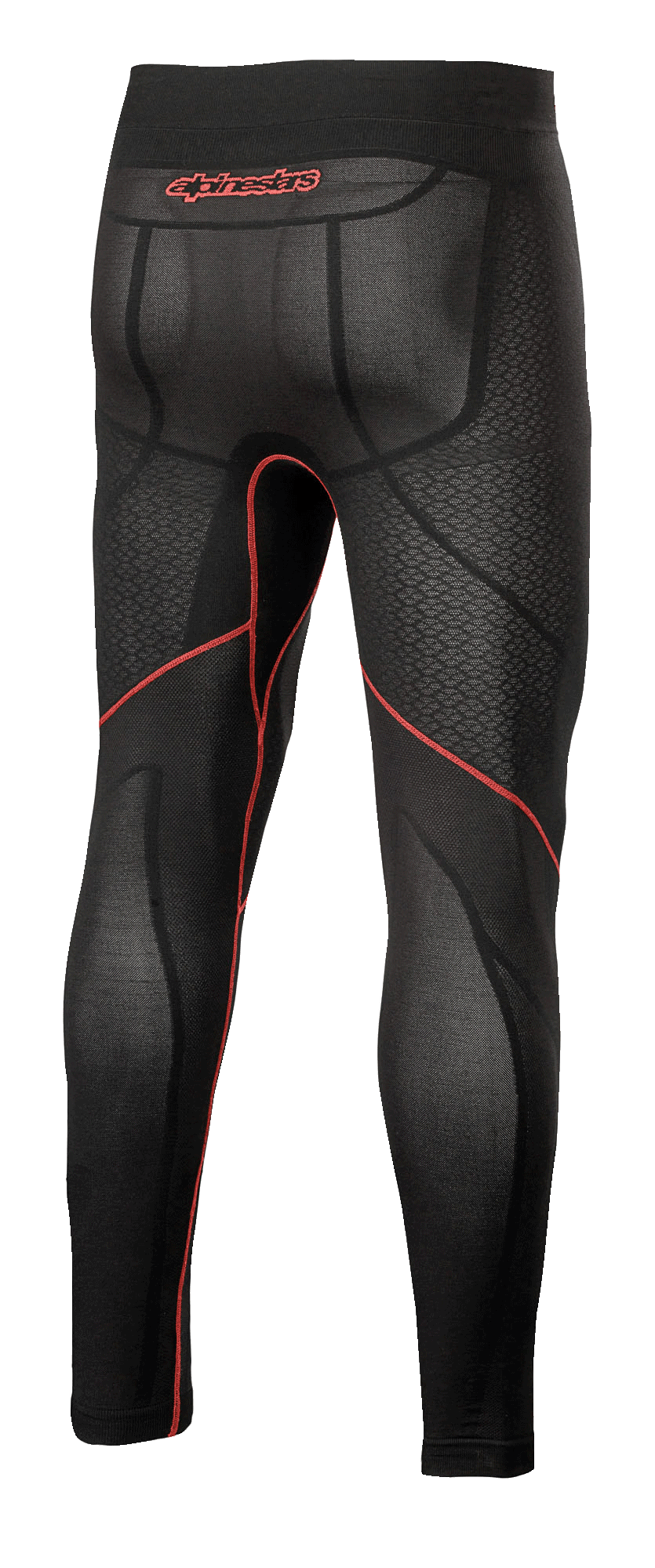 Alpinestars Ride Tech V2 Bottom Summer, pantalón interior de moto, negro y rojo, vista trasera que muestra costuras rojas en contraste, logotipo de Alpinestars rojo en la cintura y paneles de malla transpirable para climas cálidos