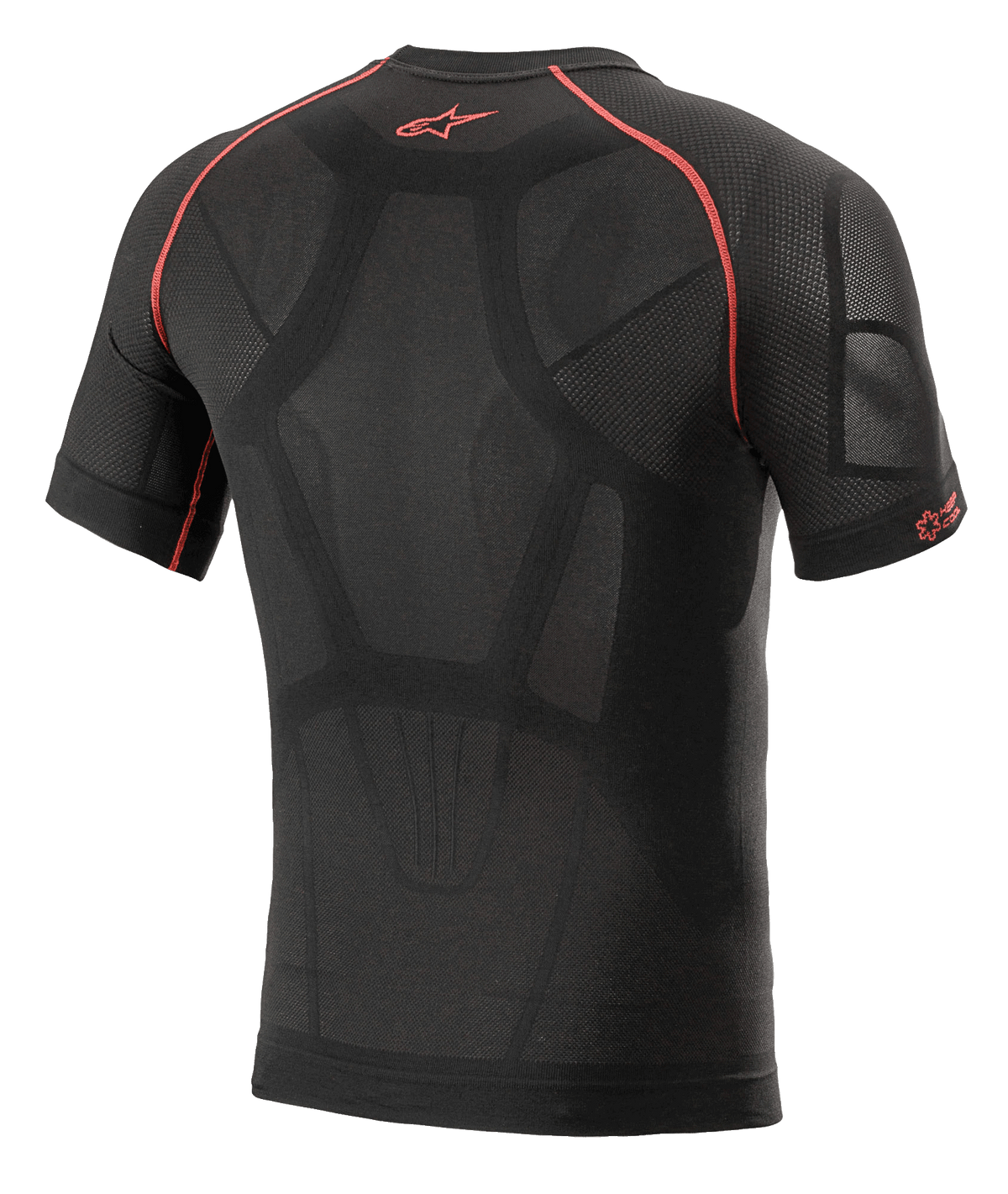 Alpinestars Ride Tech V2 Top Short Sleeve Summer, capa base de motociclismo, negro y rojo, vista posterior con construcción de mapeo corporal, paneles de ventilación de malla, costuras en contraste rojas y logotipo Astars rojo en la parte superior de la espalda