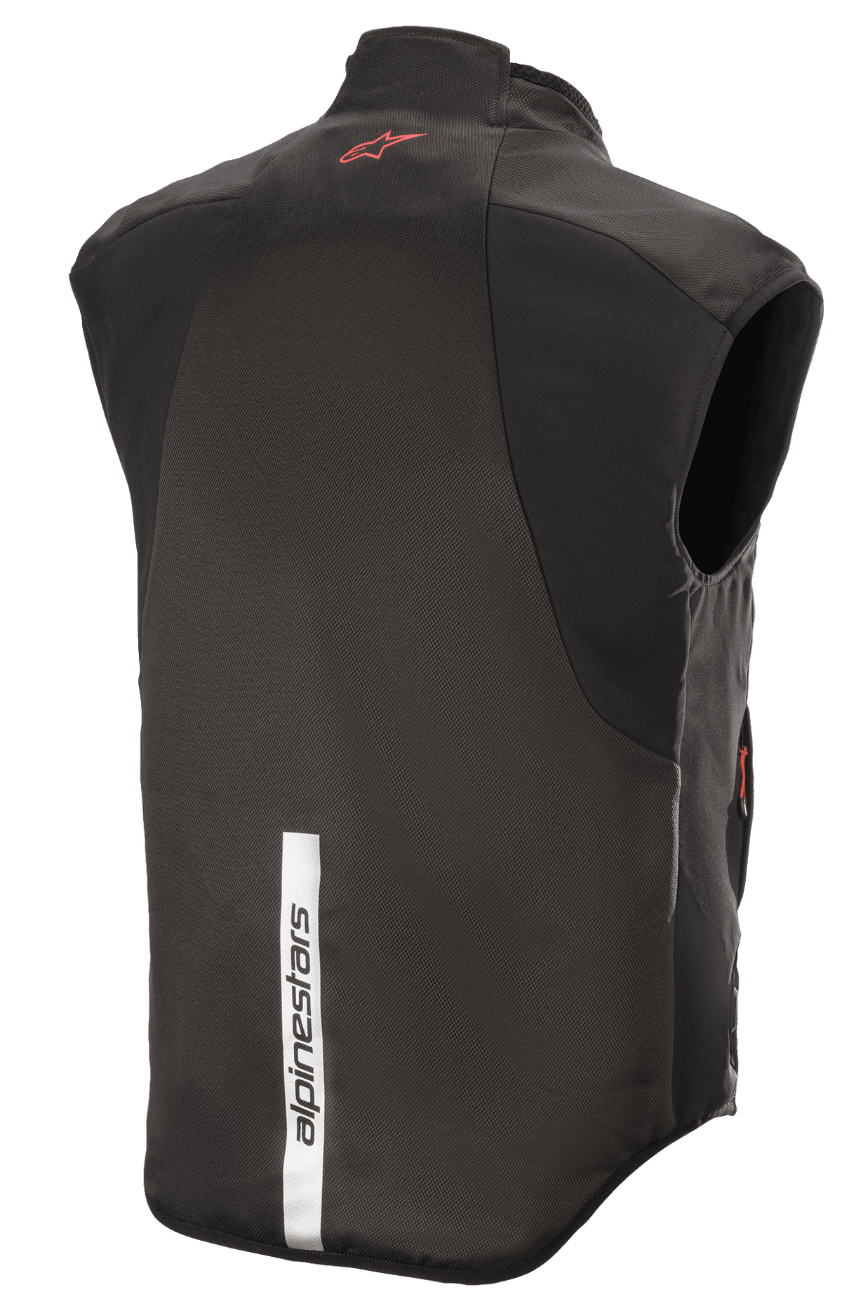 Chaleco Alpinestars HT Heat Tech, negro, vista trasera con un logotipo de Astars rojo en la parte superior de la espalda y una franja blanca reflectante vertical con la marca Alpinestars en la parte inferior, capa base térmica para moto