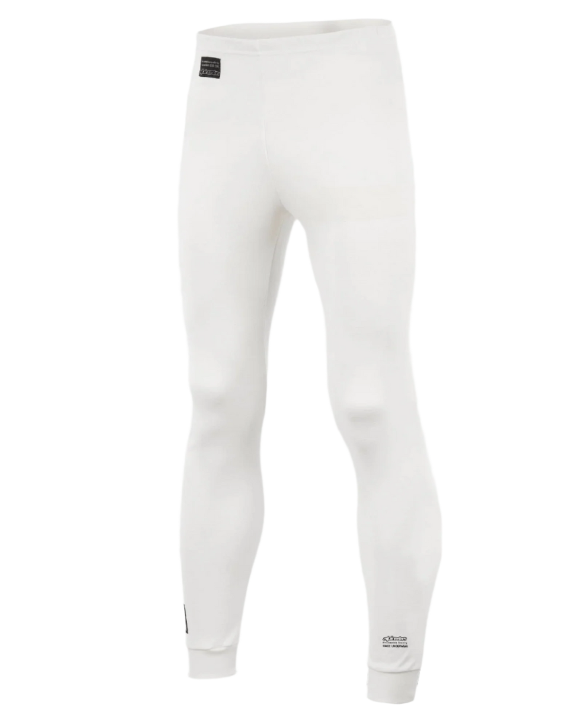 Alpinestars Race Bottom FIA, pantalones de capa base para automovilismo, blancos con parches de logotipos negros, tejido ligero y resistente al fuego, diseñados para usarse debajo de un mono de competición
