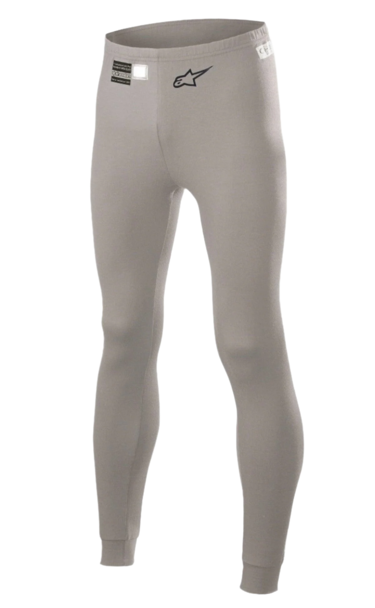 Alpinestars Race V2 Bottom FIA, pantalones de ropa interior técnica para automovilismo, gris medio, con el logotipo de Alpinestars en negro y etiqueta de homologación FIA en la cintura, diseño ajustado en material ignífugo