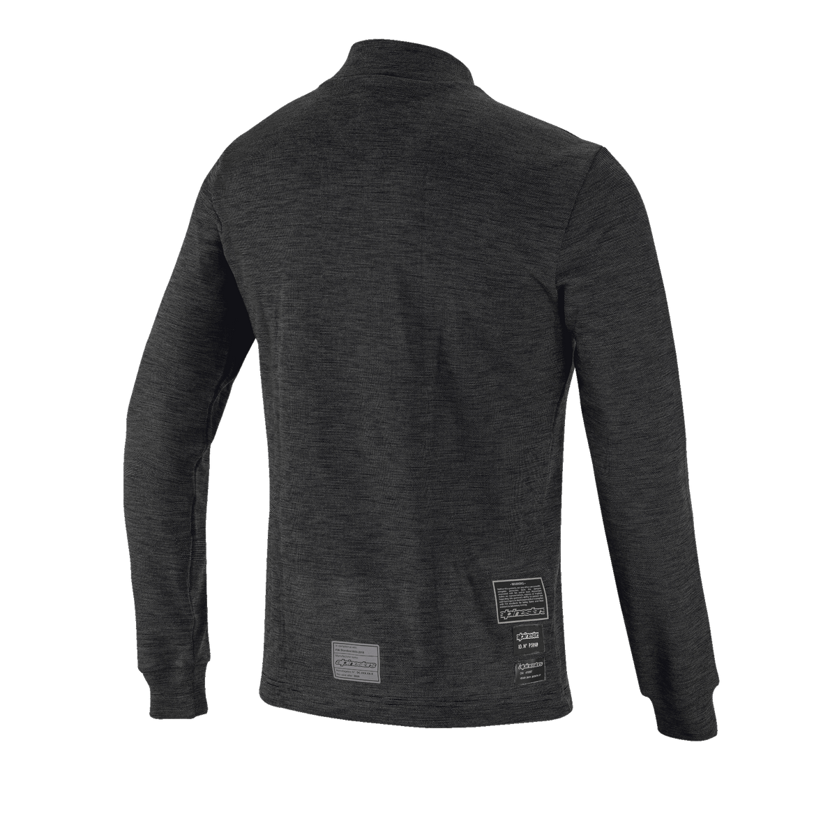 Alpinestars Race V3 Long Sleeve Top, vista trasera, capa base ignífuga negra con un diseño de punto texturizado, mangas largas con puños acanalados y etiquetas de homologación FIA en la parte inferior de la espalda.