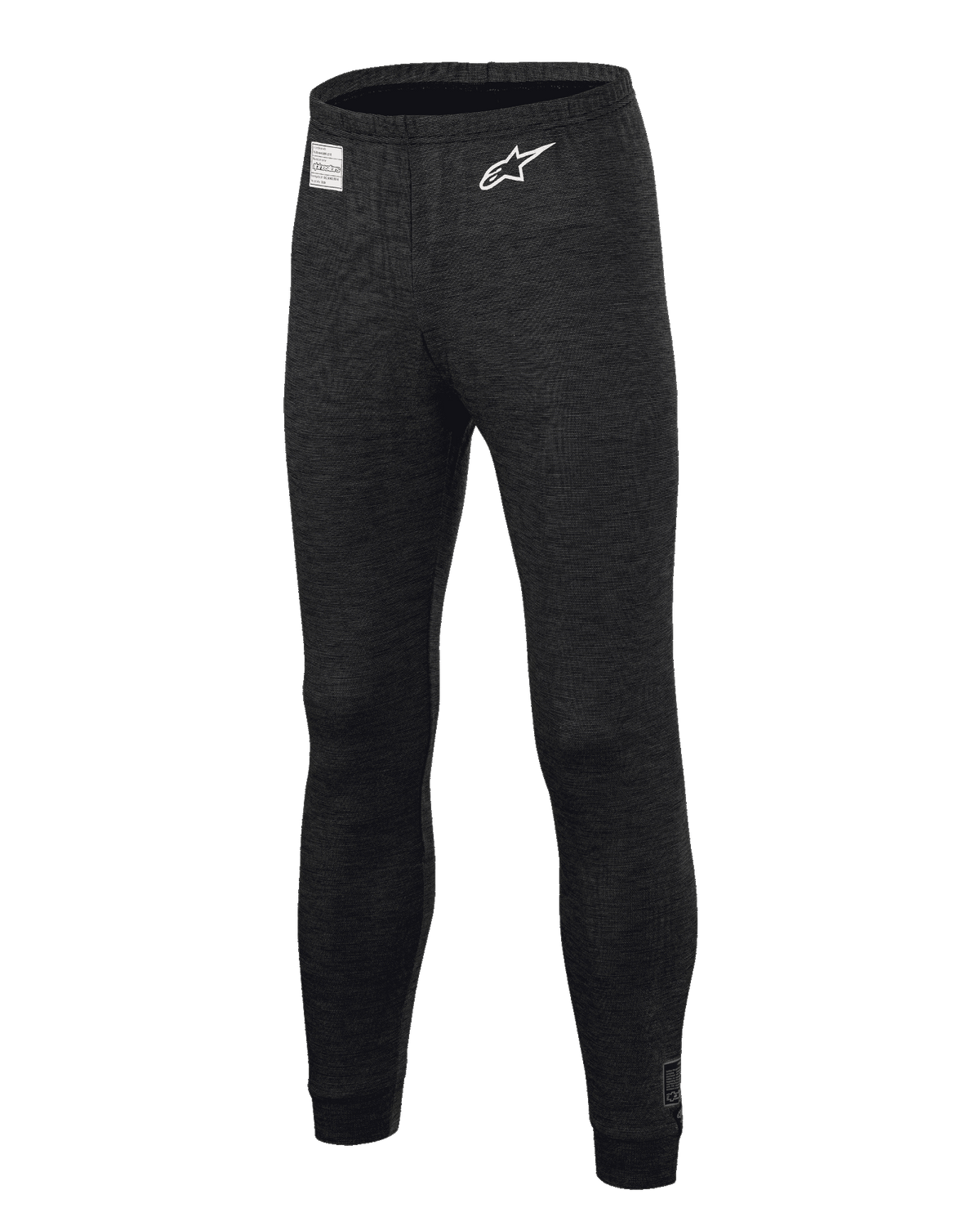 Alpinestars Race V3 Bottom, pantalones de capa base para automovilismo, negros, con tejido texturizado resistente al fuego, logotipo de estrella blanca en el muslo, etiqueta de certificación FIA en la cintura, prenda interior técnica larga para automovilismo profesional