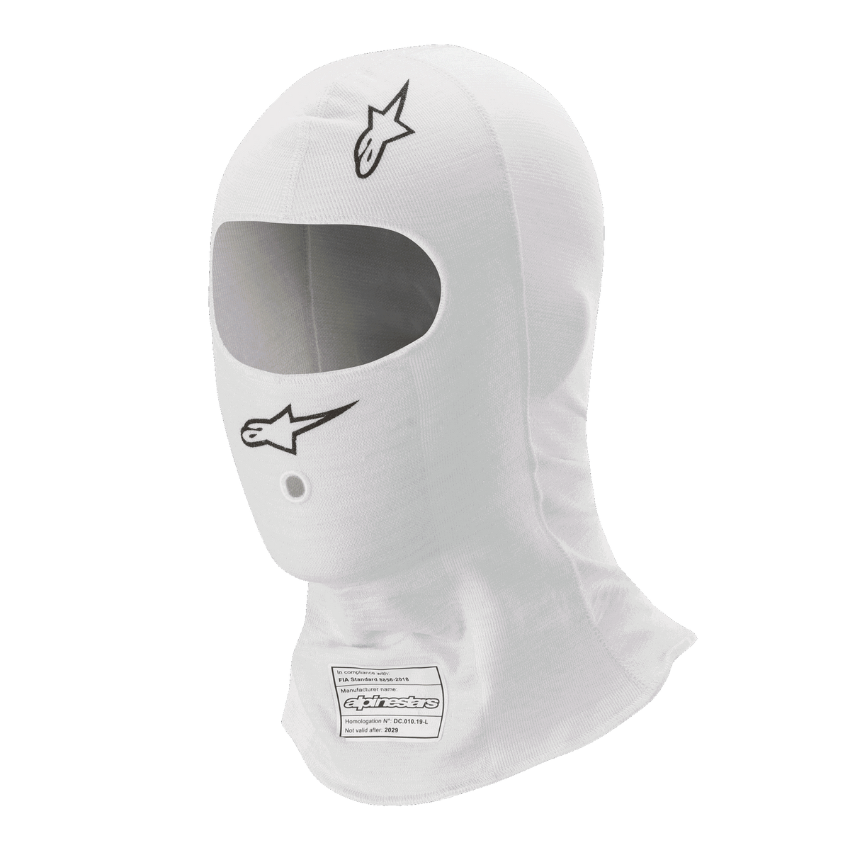 Alpinestars Race V3 Balaclava, blanco, pasamontañas para automovilismo, con logotipos Alpinestars negros, amplia abertura ovalada y etiqueta de homologación FIA 8856-2018, tejido ligero ignífugo