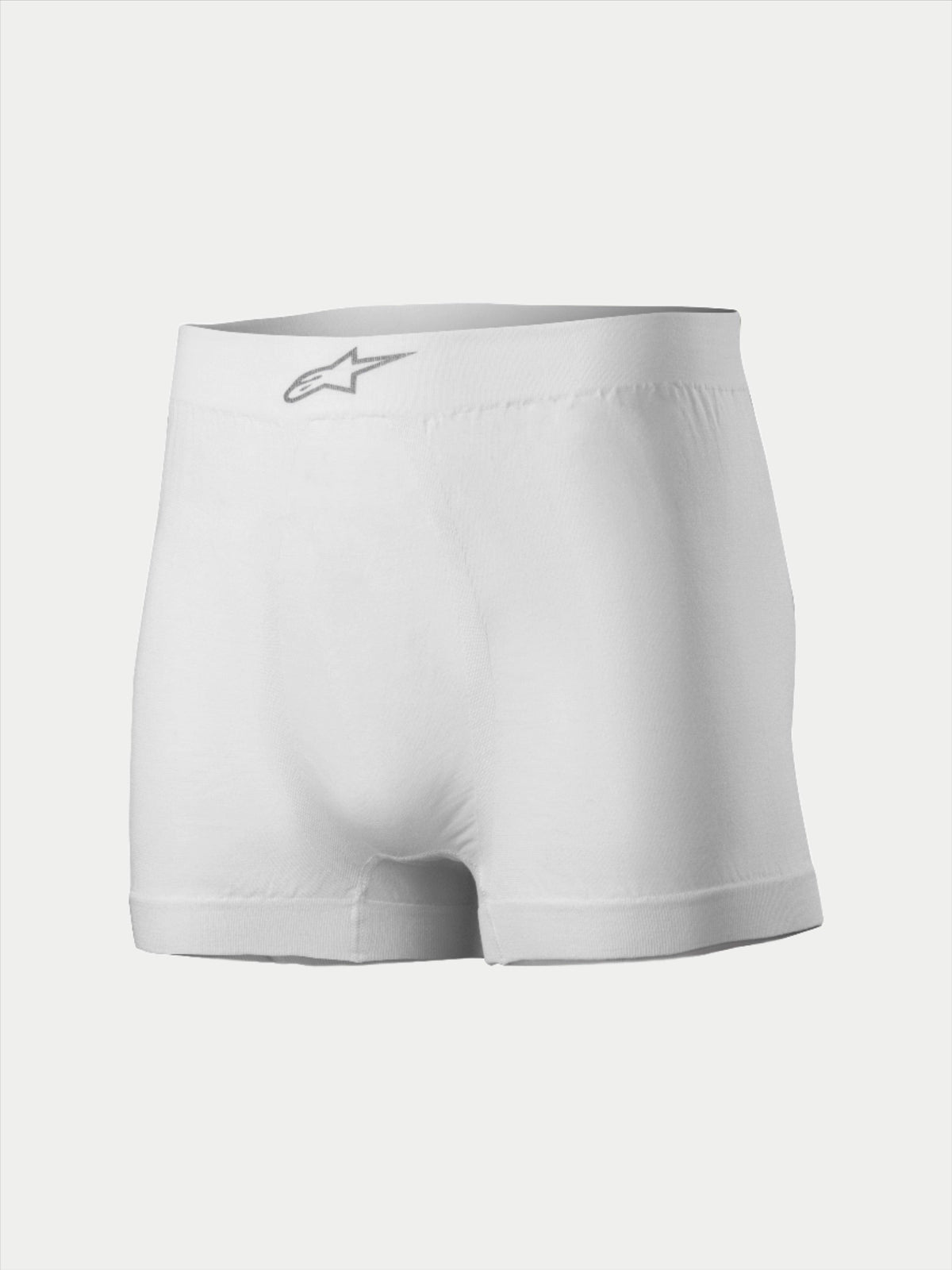 Alpinestars TECH ZX Boxer, ropa interior de automovilismo, blanco, con un logotipo de Alpinestars plateado en la cintura delantera, tejido ligero resistente a las llamas, capa base para deportes de motor