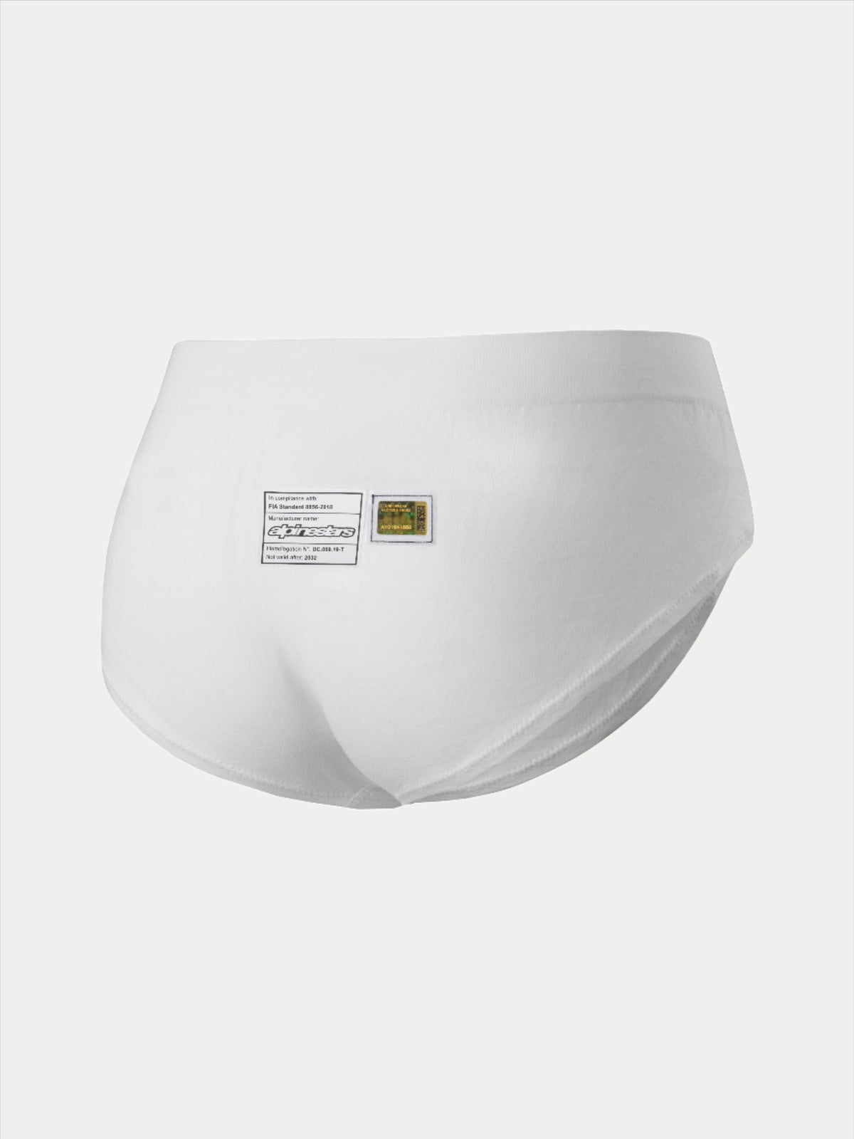 Alpinestars Stella TECH ZX Briefs, ropa interior de competición para mujer, blanco, vista trasera con etiquetas de certificación FIA 8856-2018 y logotipo de Alpinestars, capa base ligera y resistente a las llamas para automovilismo